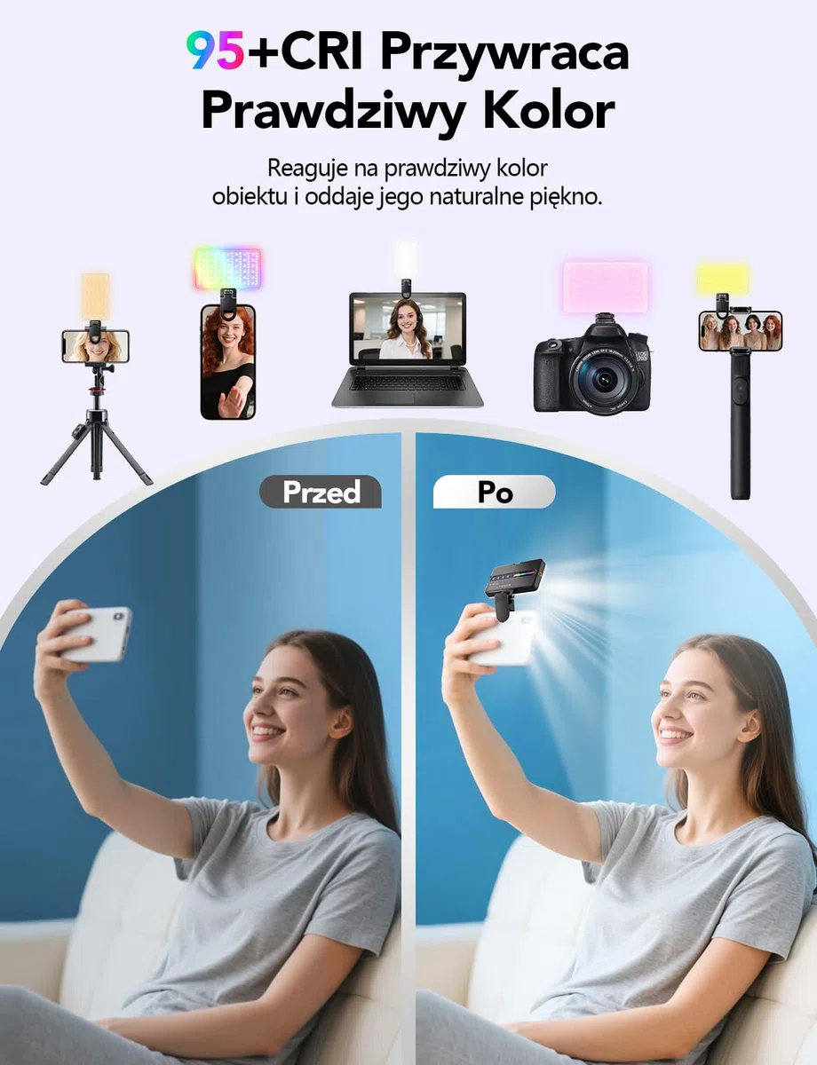 Lampki do Selfie RGB 138 Światło Kamery LED Przenośne 10 kolorów | Oświetlenie Fotograficzne Regulowana jasność 30 Trybami Scen Akumulatorowe Oświetlenie Wideo CRI 95 do Telefonu Aparatu