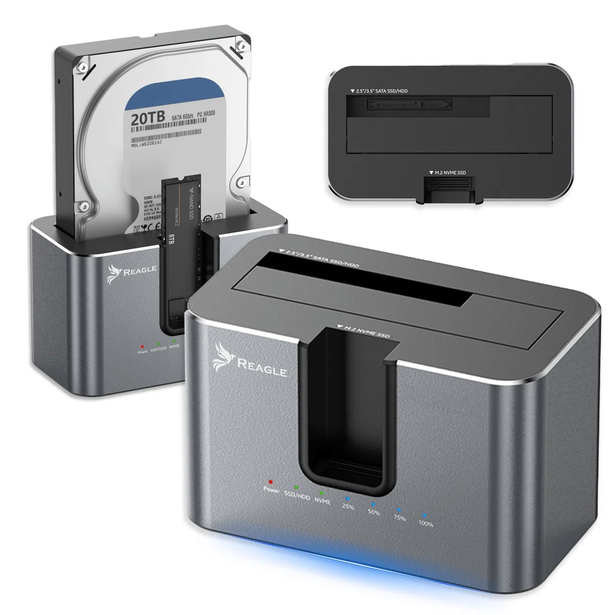 Reagle Stacja Dokująca Dysku SSD HDD SATA 2.5 3.5 NVMe M.2 USB C, USB 3.2 Gen2 10 Gb/s, 28TB, Adapter Klonowanie Offline Dual Szybki Transfer Kompatybilna z PC Laptop Mac Linux
