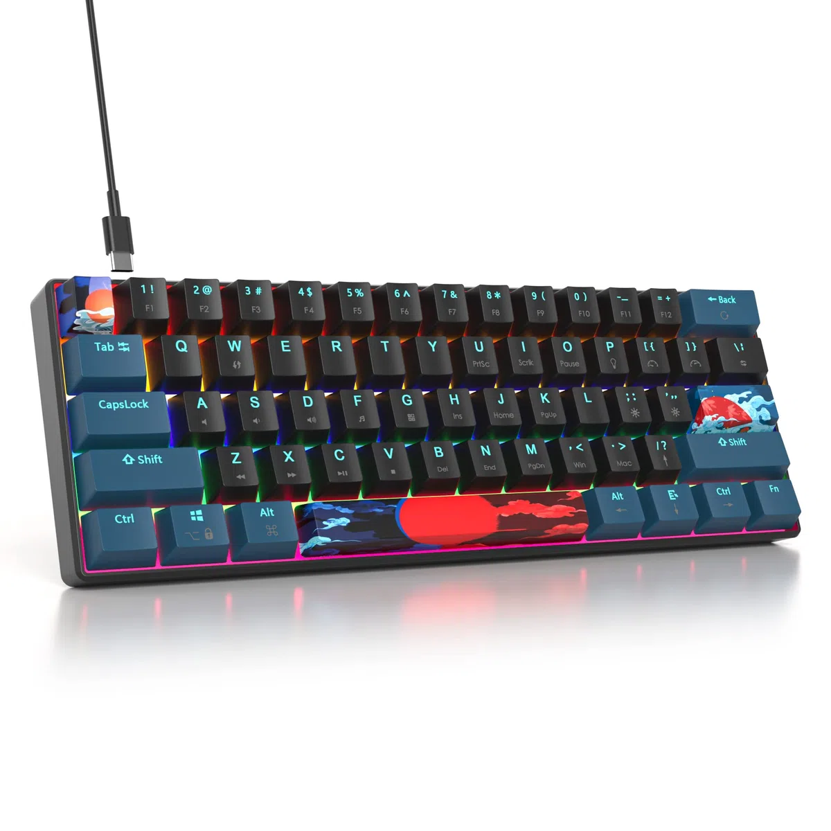 Protable 60% mieszana, lekka tęczowa klawiatura do gier, mechaniczna, mini kompaktowa, 61 klawiszy, przewodowa klawiatura biurowa z czerwonym przełącznikiem, do Mac/Win/PS4/PS5/Xbox (Monstor