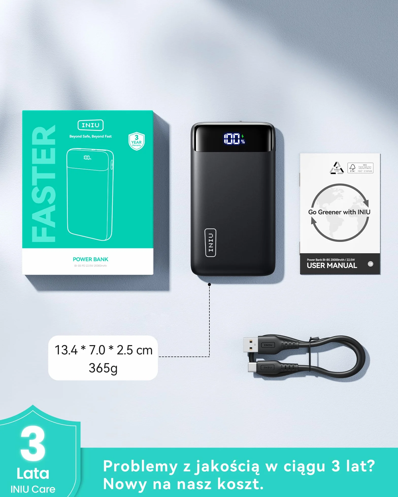 INIU Power Bank, 20000mAh Powerbank Szybkie Ladowanie USB C in & out, 22.5W PD 3.0 QC 4.0 Wyświetlacz LED Akumulator Telefon Kompatybilny z iPhone 16 15 14 13 12 Pro Max Samsung Google iPad Tablet etc