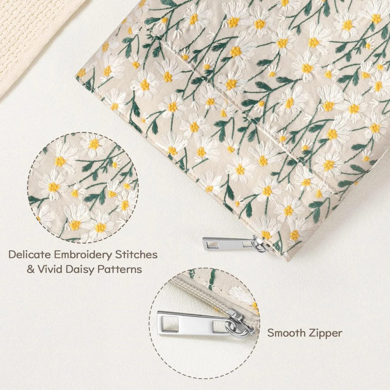 Dadanism Daisy Embroidered Book Sleeve with Zipper, Book Protector Pouch, Beige