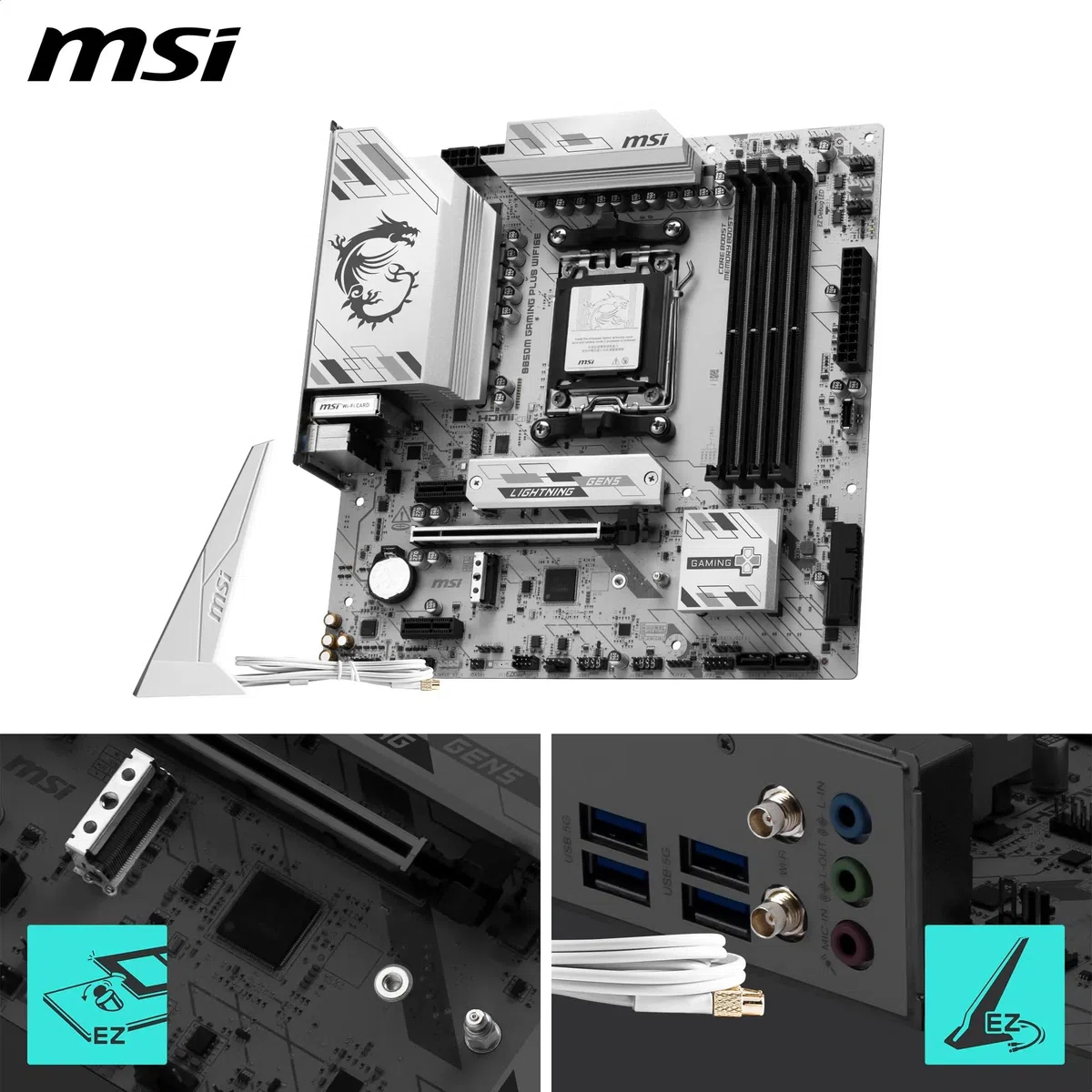 MSI Płyta główna B850M GAMING PLUS WIFI6E, mATX - Obsługuje procesory AMD Ryzen 9000/8000/7000, AM5 - DDR5 Memory Boost 8200+ MT/s (OC), PCIe 4.0 x16, M.2 Gen 5, Wi-Fi 6E, 2.5G LAN