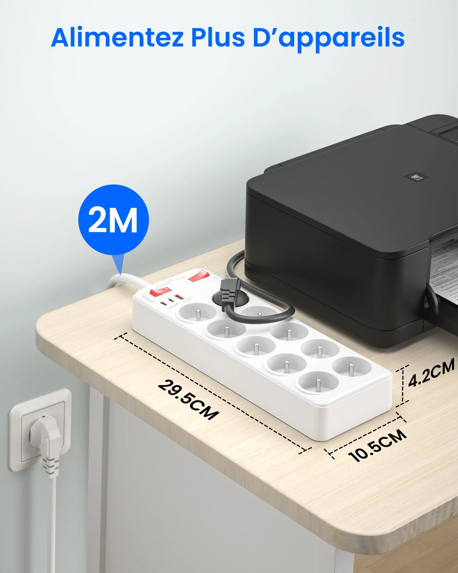 Listwa Zasilająca Przeciwprzepięciowa, Listwa Zasilająca z 10 Gniazda Elektryczne Polskie 16A 2P+T, Wielokrotne Gniazdo z Wyłącznikiem Przeciwprzeciążeniowym i ładowaniem USB C, 2 m Kabel, Białe