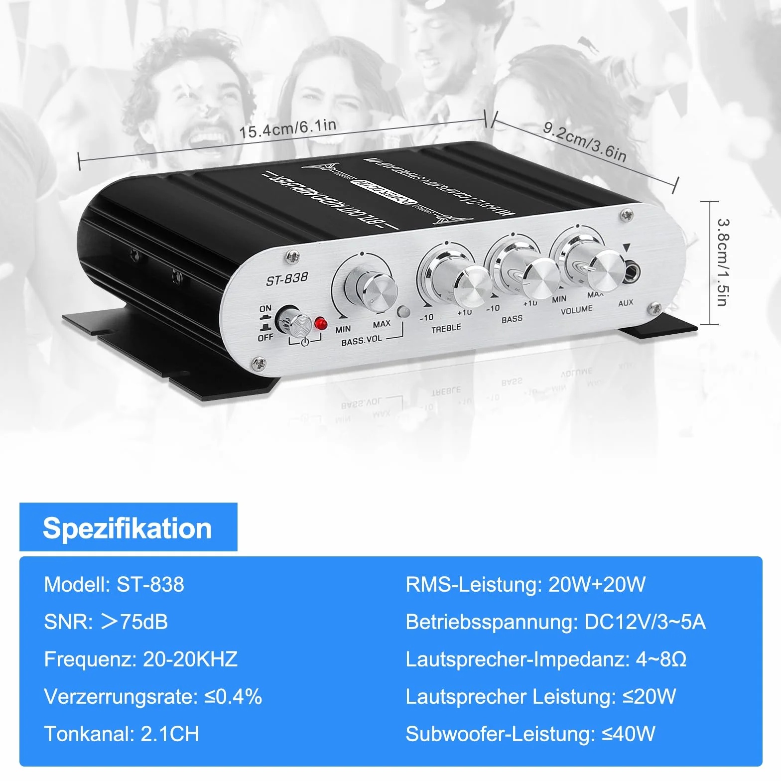 Wzmacniacz audio HiFi, wzmacniacz stereo 2.1 CH, RMS 20 W x 2 + 40 W ST-838 z wyjściem subwoofera, klasa D mini wzmacniacz cyfrowy z AUX do domu, czarny (z adapterem