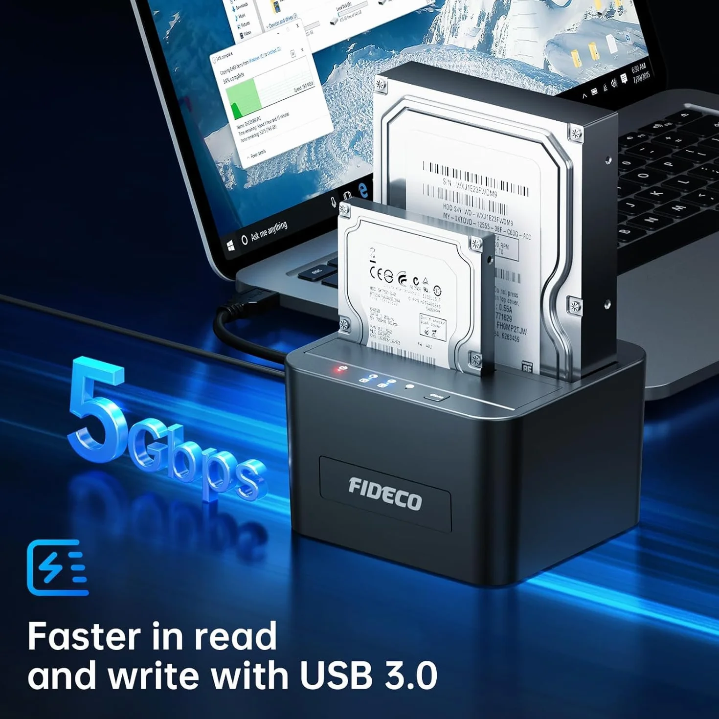 Fideco Stacja dokująca do dysków twardych, stacja dokująca USB 3.0, SATA, HDD dla 2,5 i 3,5-calowych dysków twardych SATA / SSD, podwójna zatoka, obsługuje klonowanie offline i UASP