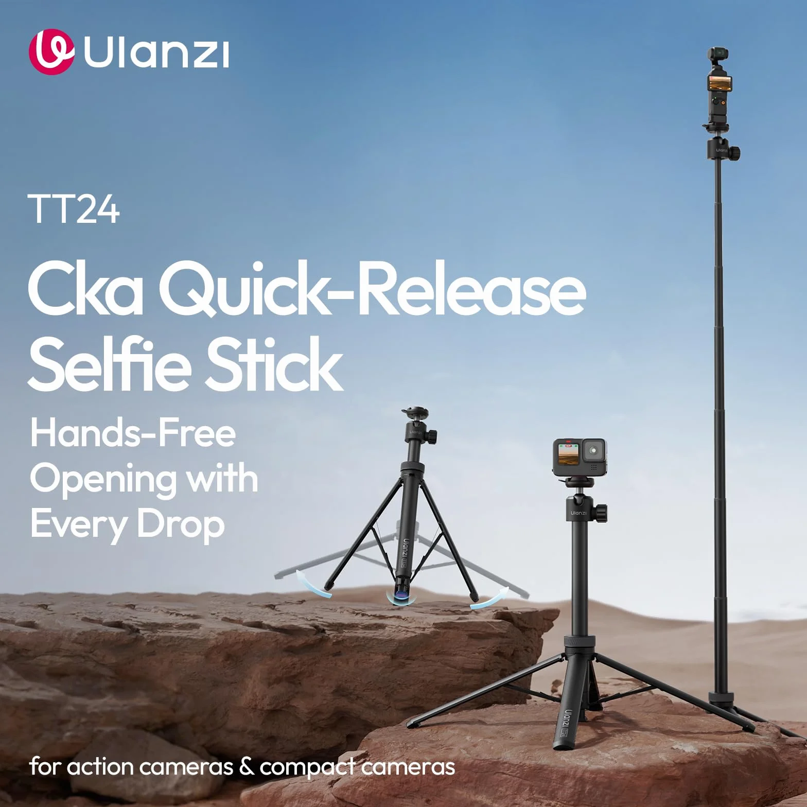Ulanzi TT24 Statyw do selfie z szybkozłączką do DJI Pocket 3 4, Osmo Action 5 4, GoPro, Insta360 X5/X4/X3/Ace Pro/ONE X2