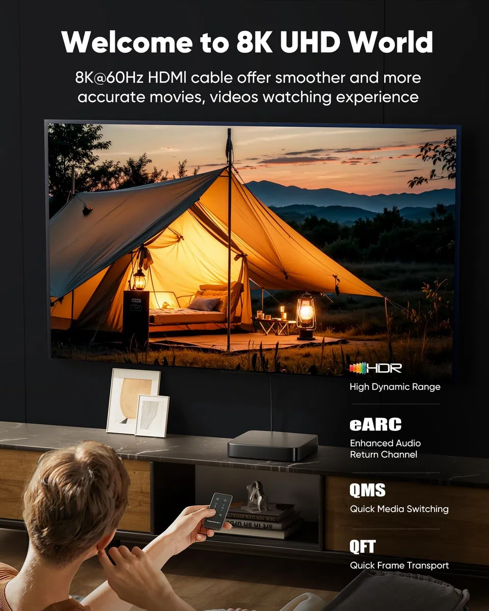 Capshi Kabel HDMI 8K 4K 120 Hz o długości 9 m, wysoka prędkość 48 Gb/s, 8K przy 60 Hz, 2K przy 240 Hz, HDCP 2.2 i 2.3, eARC, HDR, pleciony przewód do telewizora UHD, PS5, PS4, Xbox Series X/S,