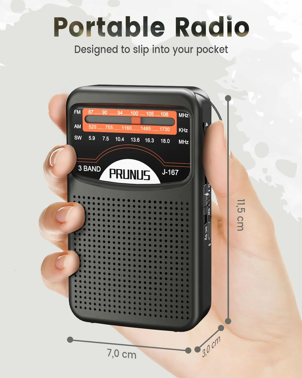 Prunus J-167 AM/SW/FM Przenośne Radio Tranzystorowe Kieszonkowe z Ładowaniem USB-C
