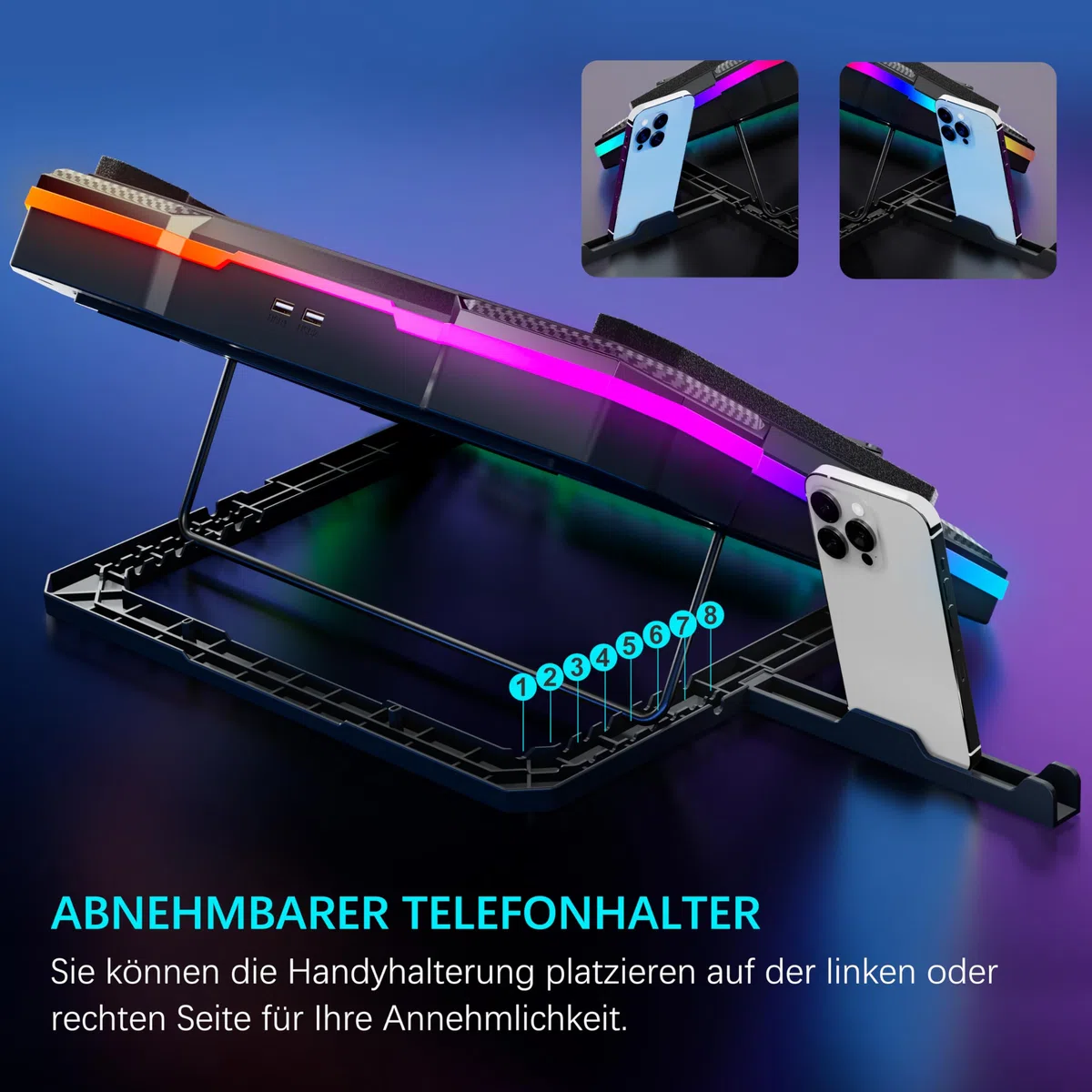 Poduszka chłodząca do laptopa, wydajny wentylator turbo RGB, notebook, wentylator chłodzący, stojak chłodzący z 8 regulacją wysokości i stojakiem na telefon, do laptopów o przekątnej ekranu 14