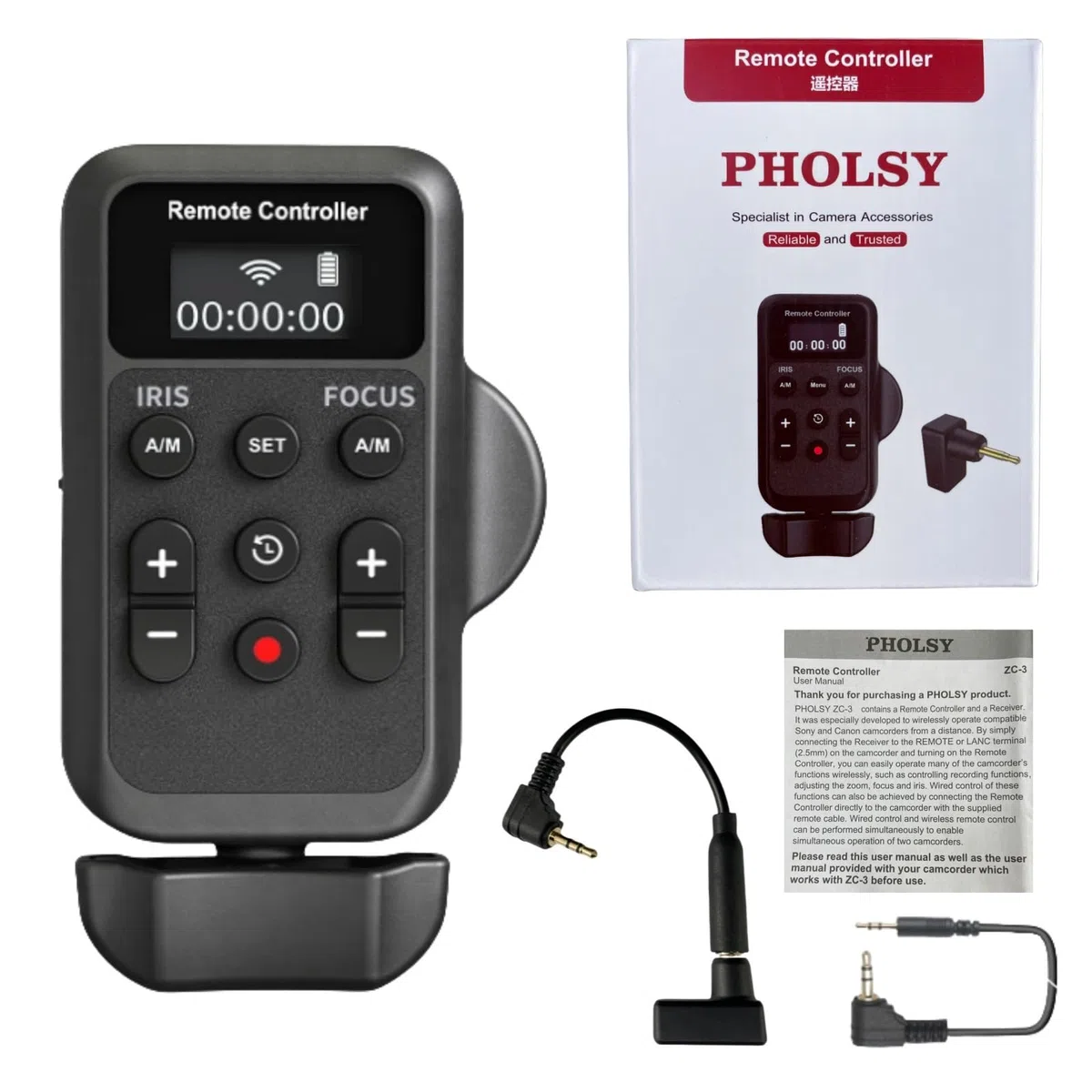 PHOLSY Bezprzewodowy pilot do kamery z LANC lub pilotem zdalnego sterowania 2,5 mm, zoom wideo, ostrość wideo, irys i nagrywanie wideo do kamer Canon Sony