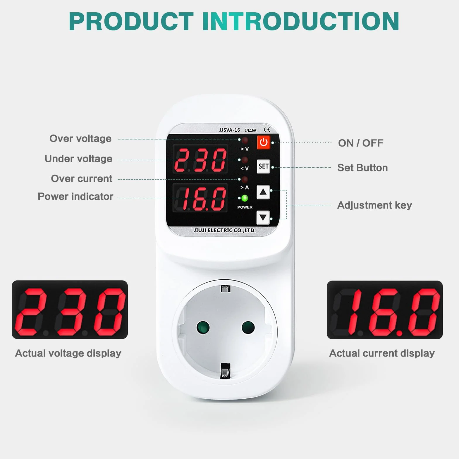 Jadeshay Gniazdko przeciwprzepięciowe 16 A AC 220 V regulowane automatyczne zabezpieczenie przed prądem elektrycznym z ochroną przed odgromową