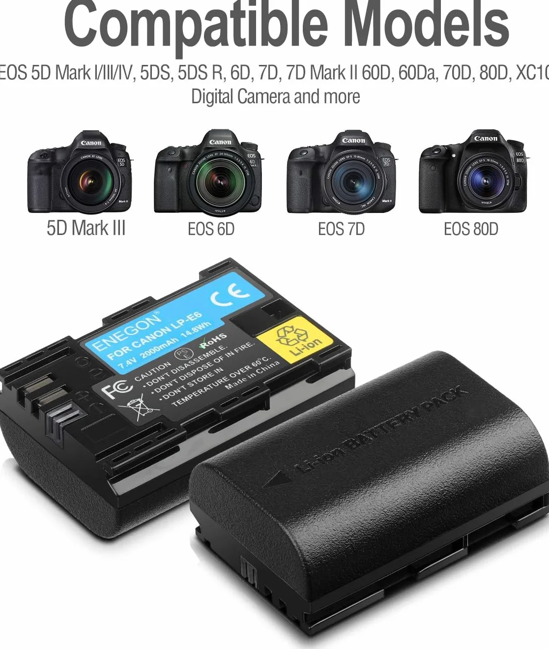 ENEGON LP-E6 akumulator zastępczy 2 sztuki Smart LED Dual USB ładowarka do Canon LP-E6 LP-E6N EOS 5D Mark II III IV 5DS 5DS R 6D 7D 7D Mark II 60D 70D 80D