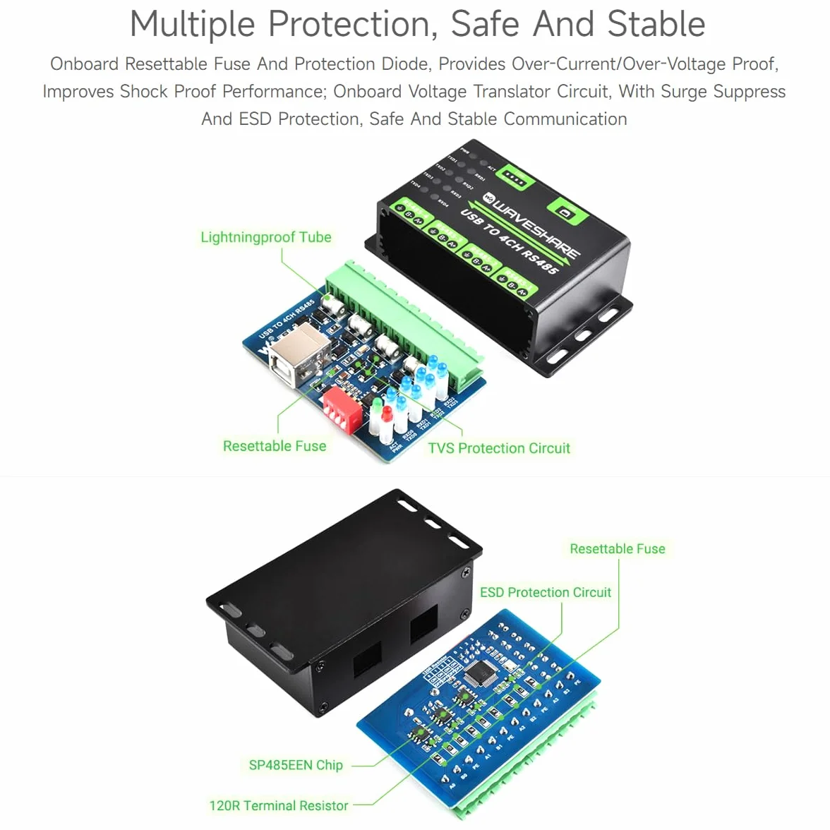 Waveshare Industrial USB TO 4Ch RS485 Converter, Multi Protection Circuits, Multi Systems Support, Aluminium Alloy Case, Wall-Mount and Rail-Mount Support