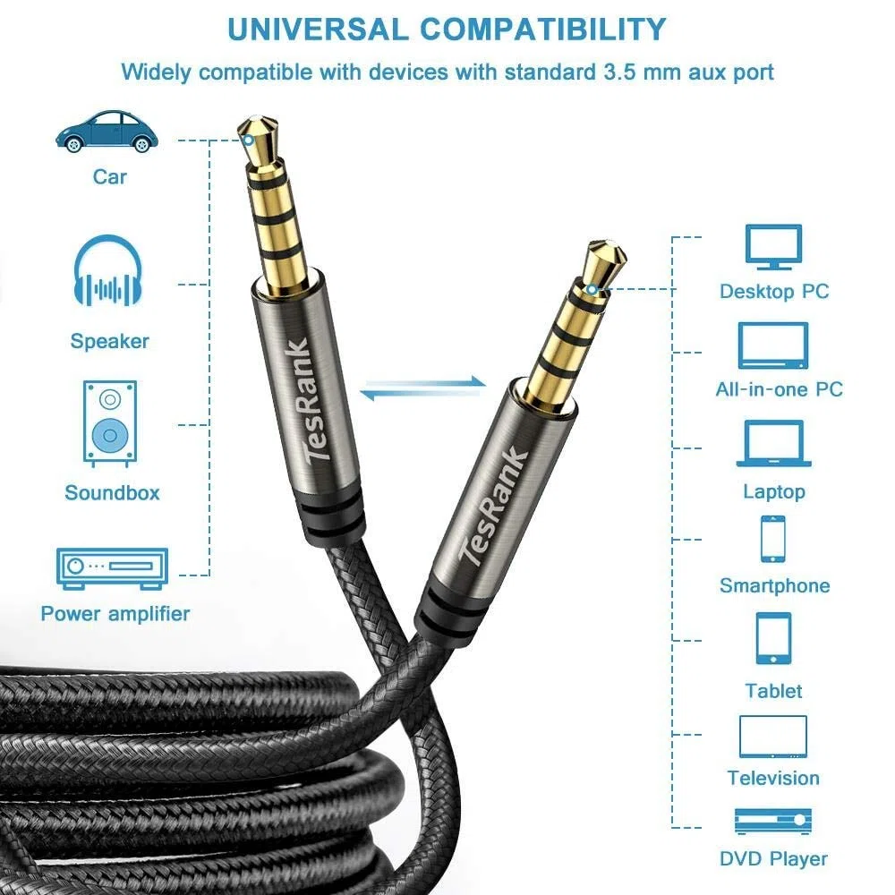 TesRank Kabel audio 3,5 mm 4-biegunowy nylonowy kabel Aux przewód wspierający mikrofon do słuchawek/telewizora/laptopa/smartfonów/tabletów/domu stereo/samochodu i innych, 1 m