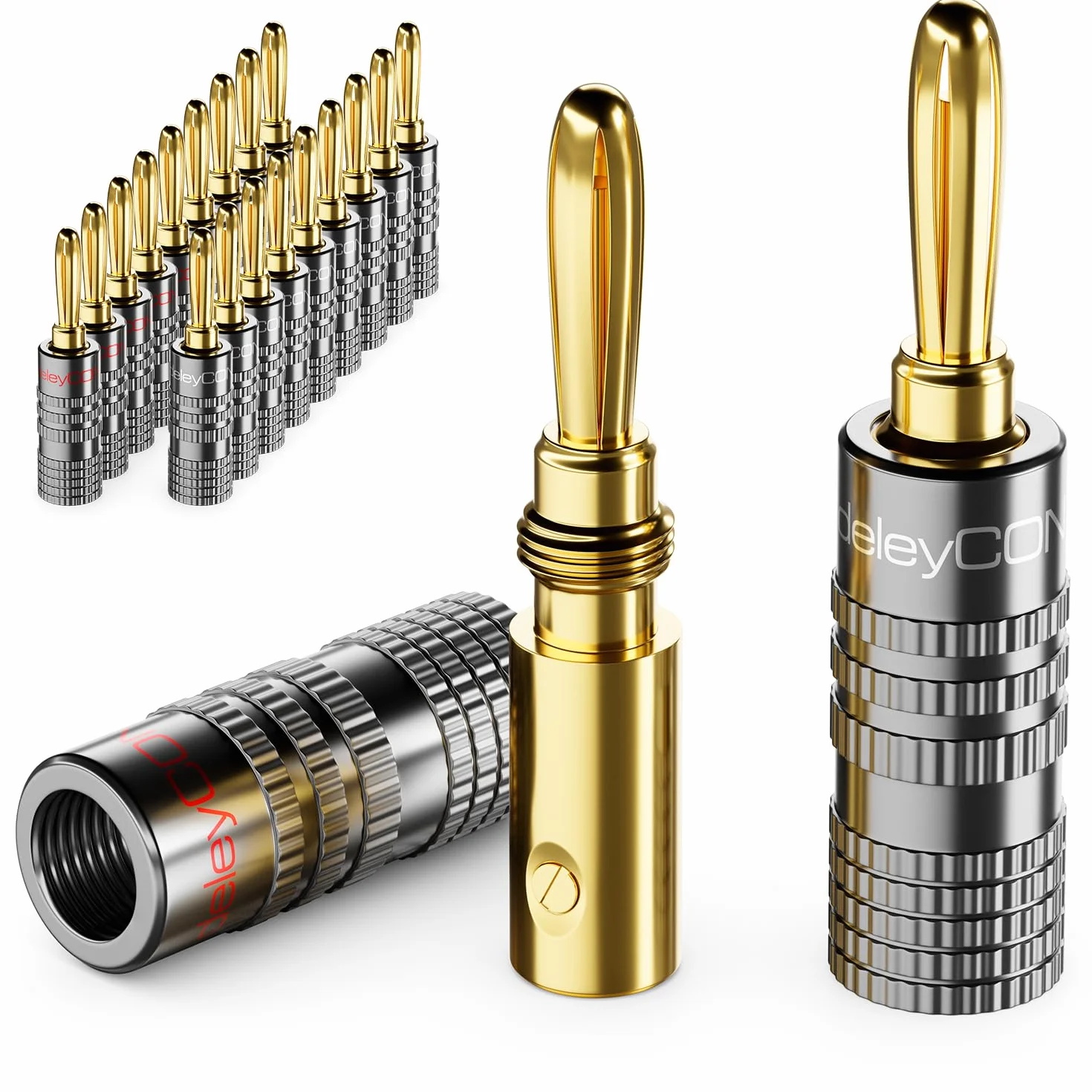 deleyCON 20 Sztuk Wtyki Bananowe Zestaw - Pozłacane Przykręcane za Kabel Głośnikowy 0,75 mm - 4,5 mm & np. HiFi Audio Kino Domowe Amplituner - Szary
