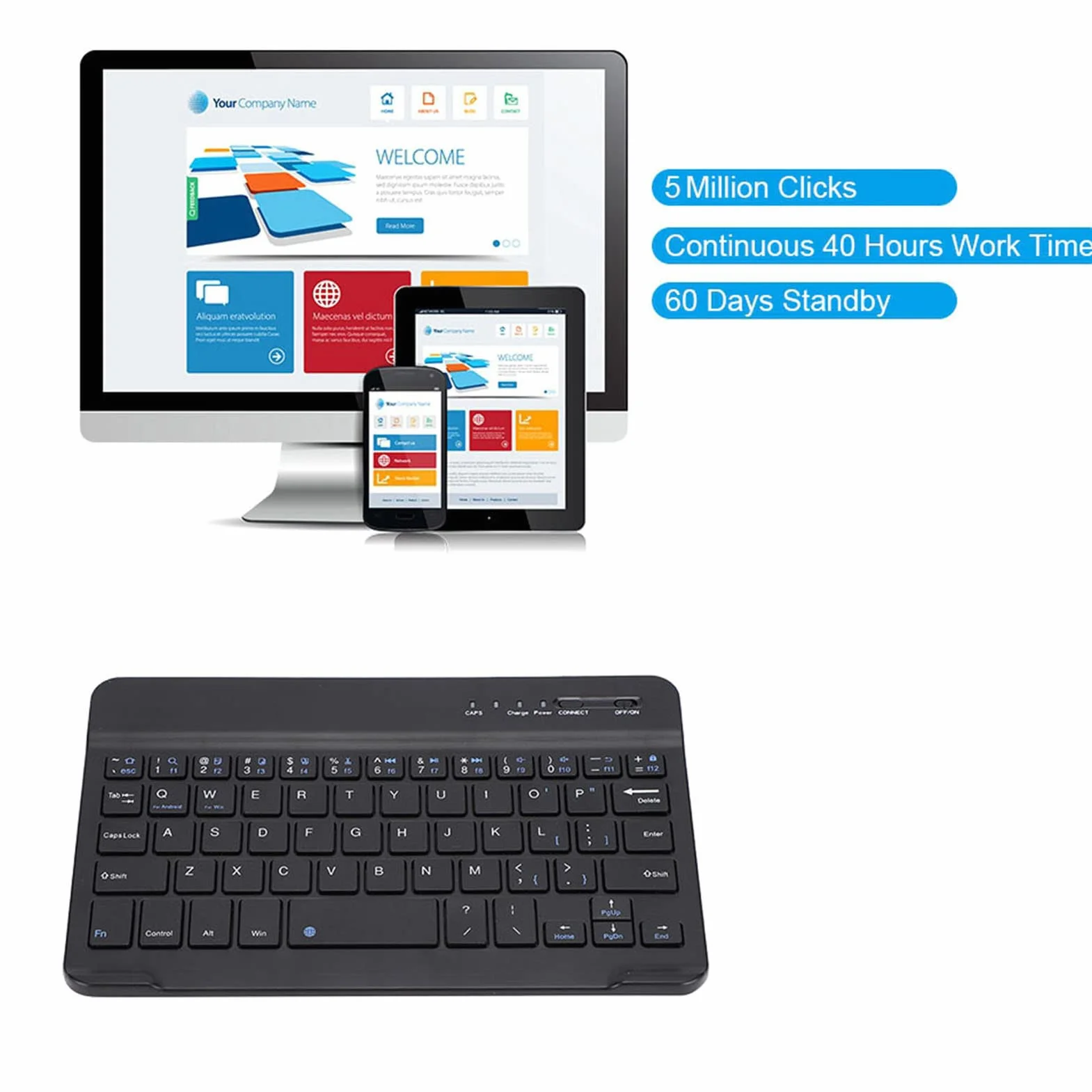 Slim Light Bezprzewodowa Klawiatura dla Androida IOS WIN Czarna z przenośną i ultracienką konstrukcją, Kompatybilna ze Smartfonem, Tabletem, Laptopem i Komputerem Stacjonarnym