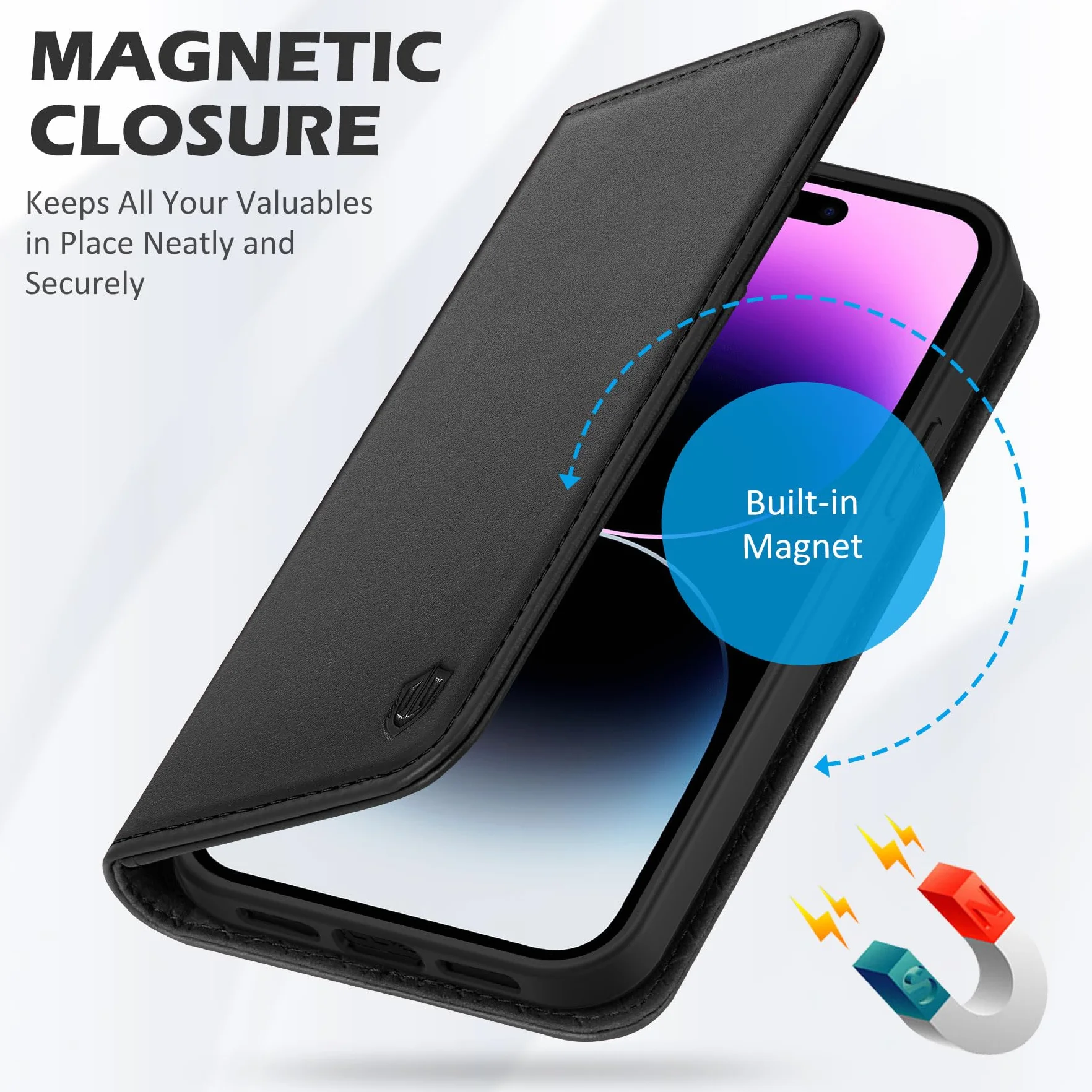 SHIELDON Etui do iPhone 14 Pro 5G, skórzane magnetyczne RFID, odporne etui TPU czarne