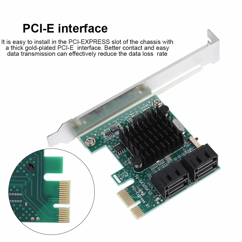Goshyda Karta rozszerzeń SATA 3.0, 4-portowa karta rozszerzeń PCIE do SATA 3.0, adapter karty kontrolera 6G z większym radiatorem i przegrodą 2U
