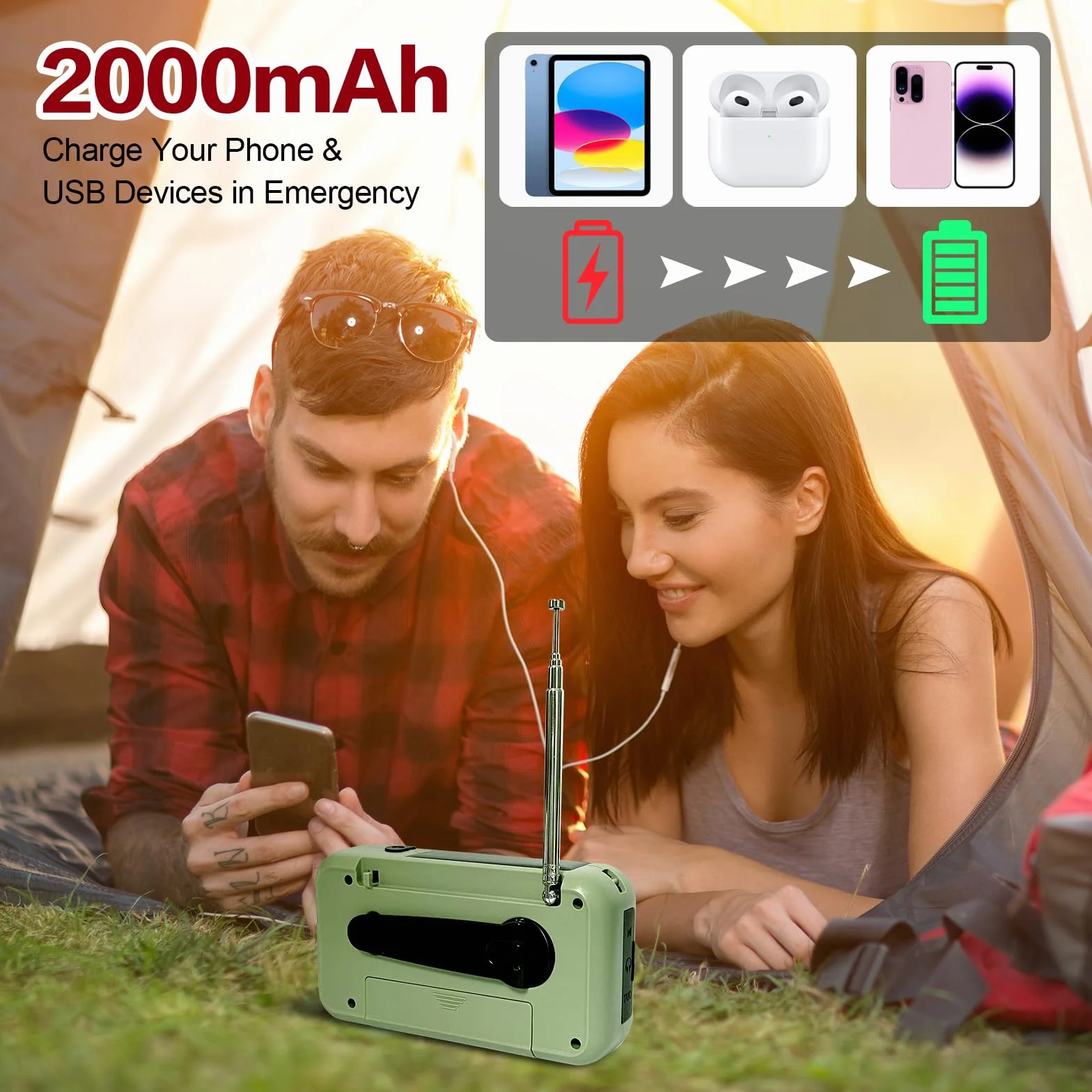 Gemmac Radio Awaryjne, 3-Drożne ładowanie Awaryjne, Akumulator 2000 mAh Radio Korbowe, ładowarka Solarna, Power Bank Radio USB AM/FM z Alarmem SOS i Wejściem Słuchawkowym, Latarka