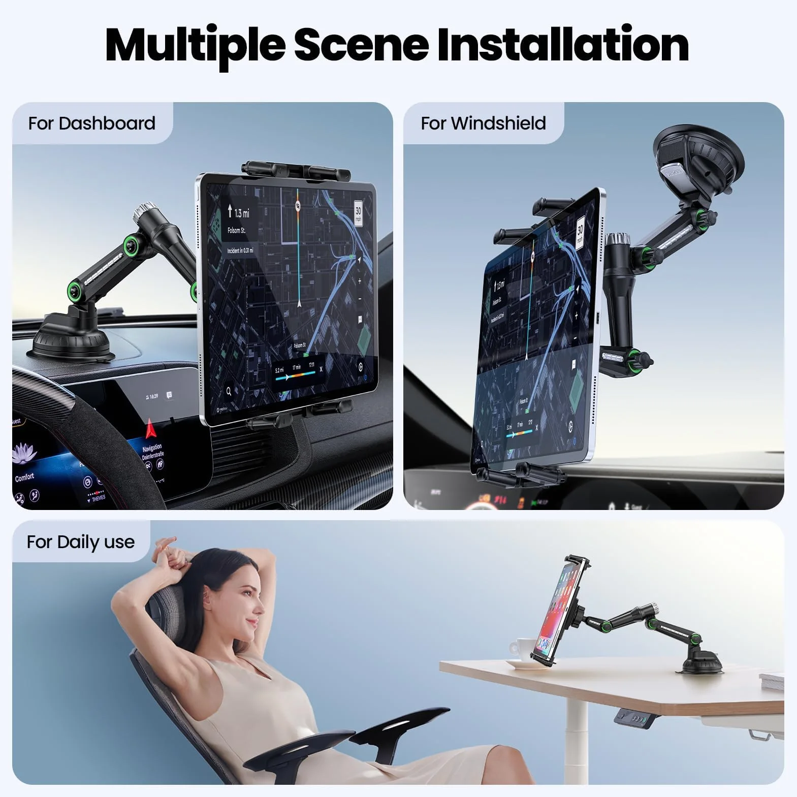 GlasFlength Uchwyt na tablet samochodowy na deskę rozdzielczą, uchwyt na tablet przyssawka pasuje do tabletów i telefonów obracany o 360° regulowany uchwyt na tablet do samochodu biurowego (czarny)