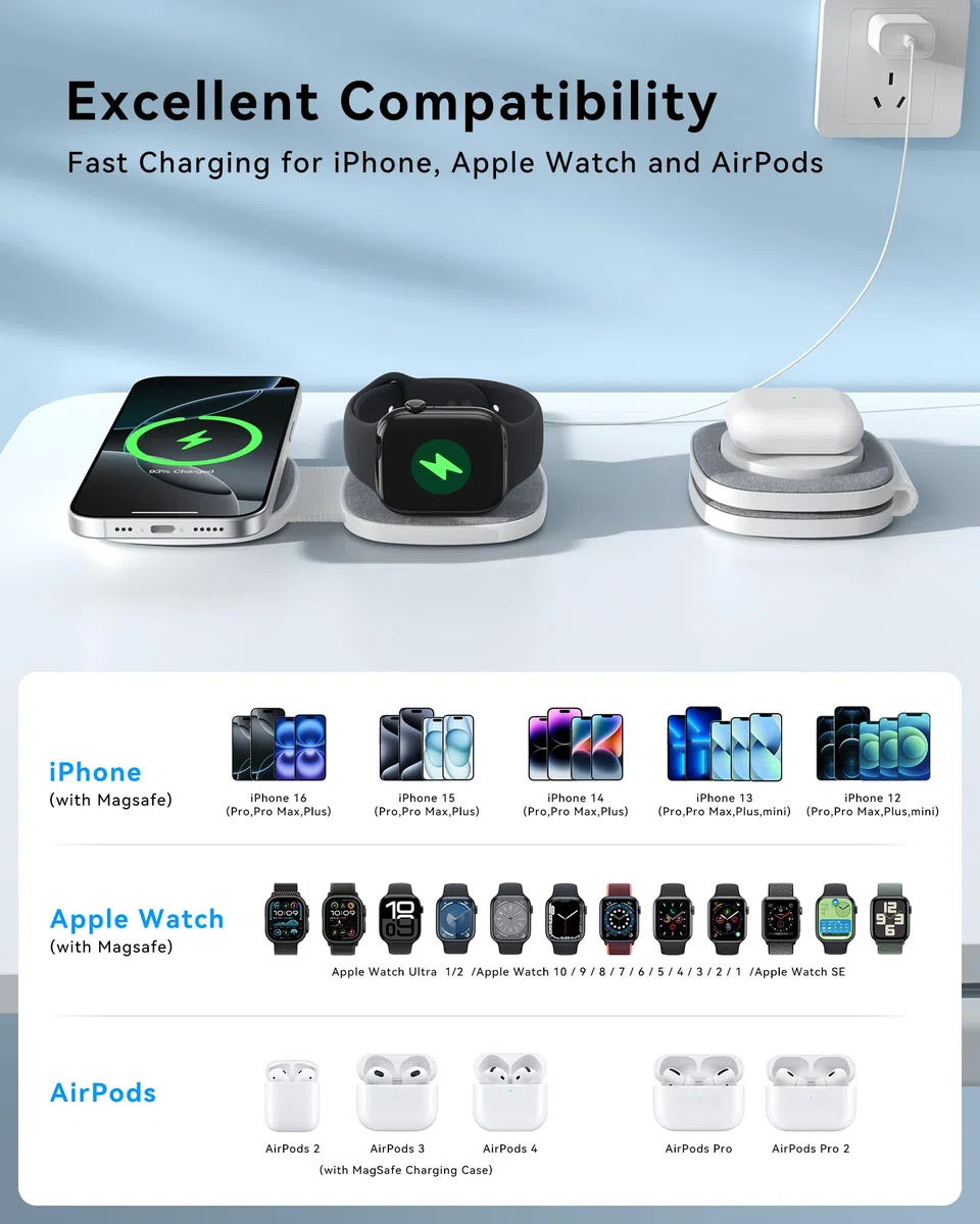 2 w 1 Składana bezprzewodowa ładowarka indukcyjna, kompatybilna z MagSafe, iPhone 17/16/15/14/13/12, Apple Watch 11–1, AirPods Pro, z szybkim adapterem 20W | Przyjazna w podróży kompaktowa konstrukcja, składana przenośna, adapter PD 20 W w zestawie
