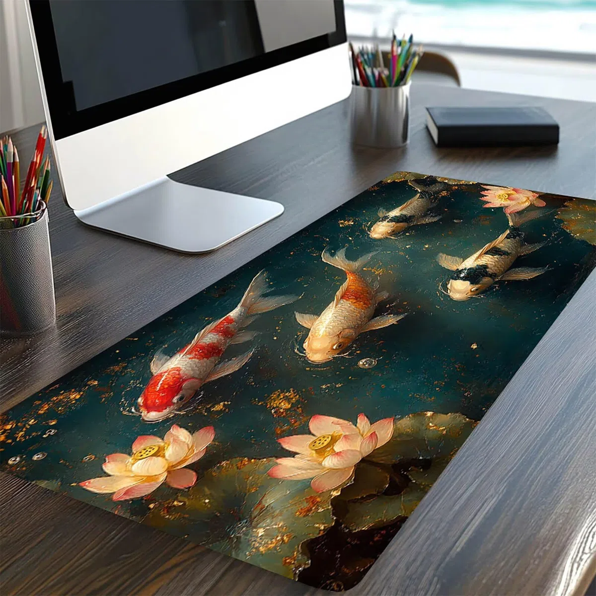 Gamingowa podkładka pod mysz XXL, kwiat, ryba, podkładka pod mysz 1200 x 600 x 3 mm, wodoodporna, antypoślizgowa podkładka na biurko, poprawia precyzję i prędkość, akcesoria gamingowe na biurko, model