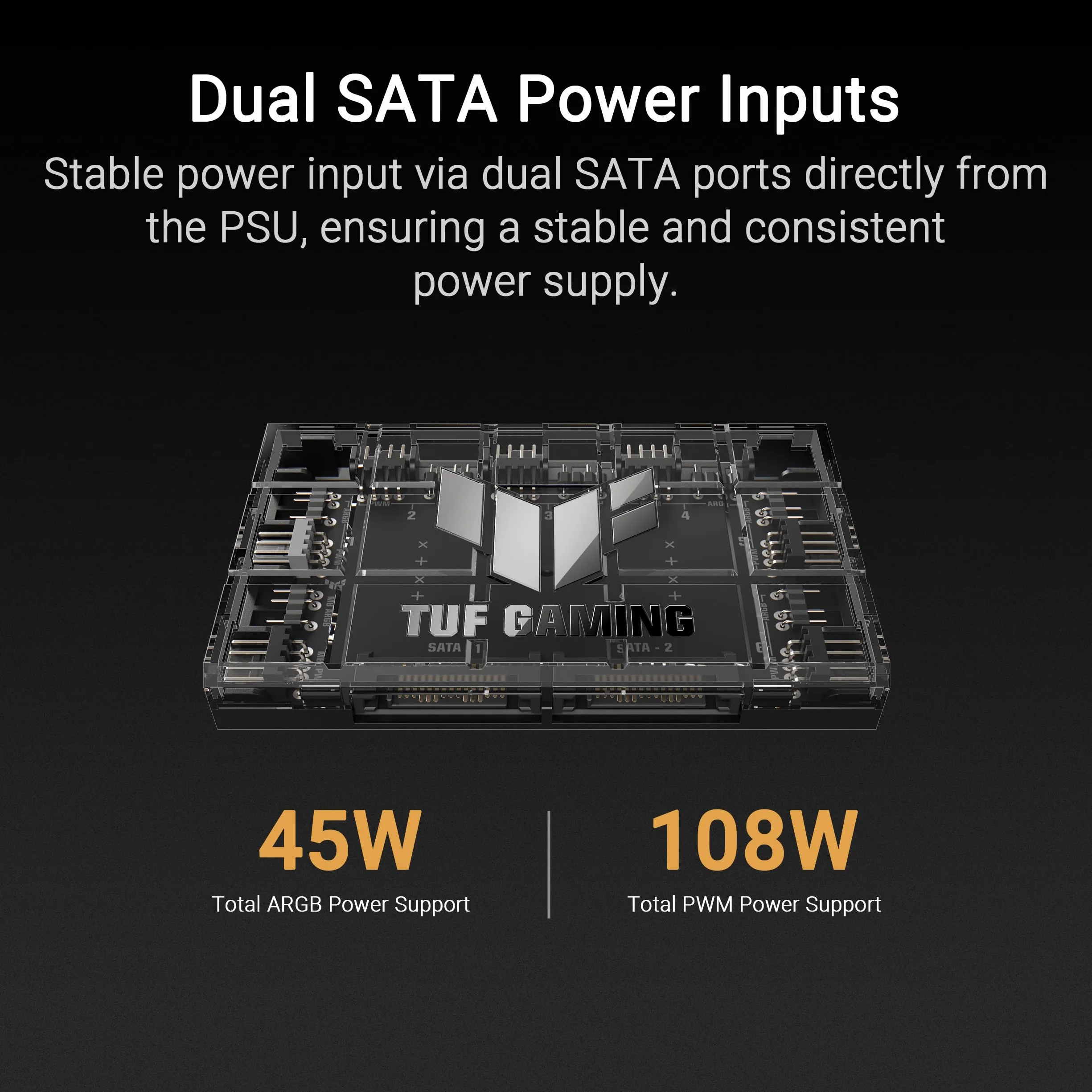 ASUS TUF Gaming ARGB PWM Hub wentylatora (6 portów do wentylatora obudowy PWM i sterowania ARGB, 2 x złącza zasilania SATA, synchronizacja chłodzenia i efektów świetlnych, magnetyczne mocowanie,