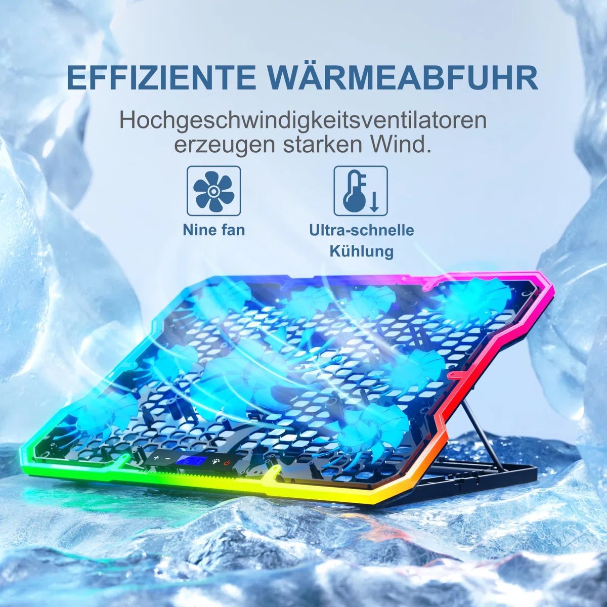 podkładka chłodząca do laptopa z 9 cichymi wentylatorami do notebooków 14-19", stojak chłodzący do gier z 6 regulowanymi prędkościami wentylatora, 10 trybów światła RGB, 2 porty USB i uchwyt na