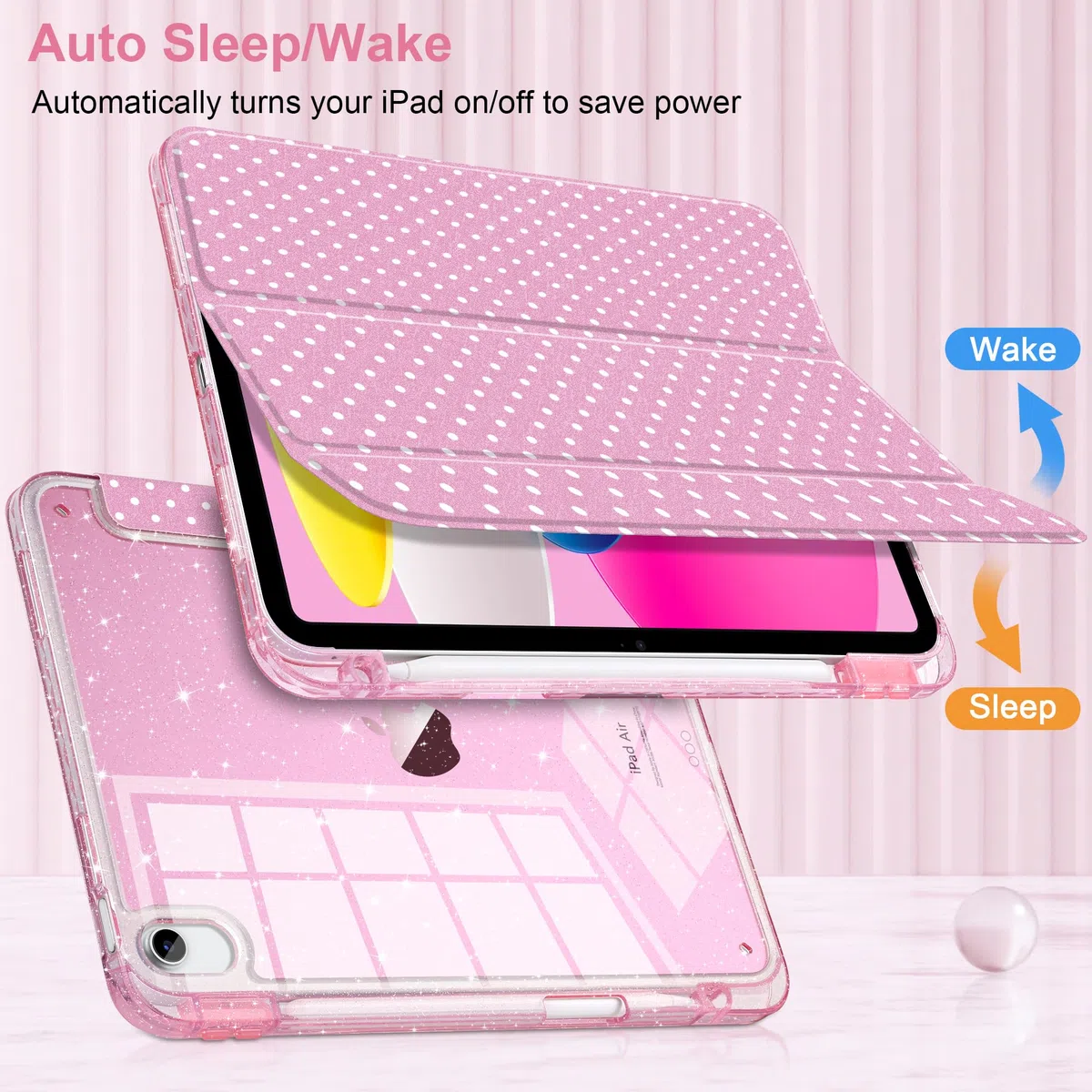 MEEgoodo Etui na iPada Air 33 cm 2026(M4) / 2025(M3) / 2024(M2), brokatowe etui na tablet z przezroczystym akrylowym tyłem + potrójnie składany stojak + uchwyt na ołówki + automatyczne budzenie
