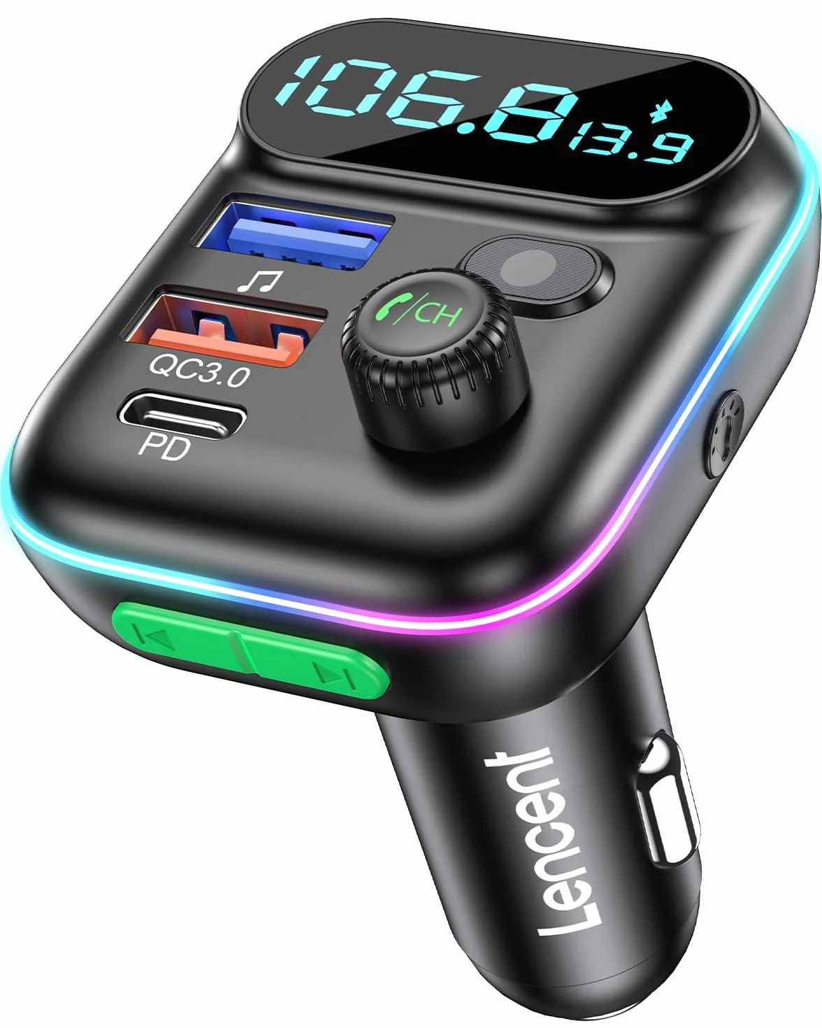 LENCENT Samochodowy nadajnik FM Bluetooth, ładowarka z przyłączem PD3.0 (USB-A) i QC3.0(USB-C), funkcja głośnomówiąca bezprzewodowy samochodowy odtwarzacz,transmiter, MP3, karta TF(micro SD)