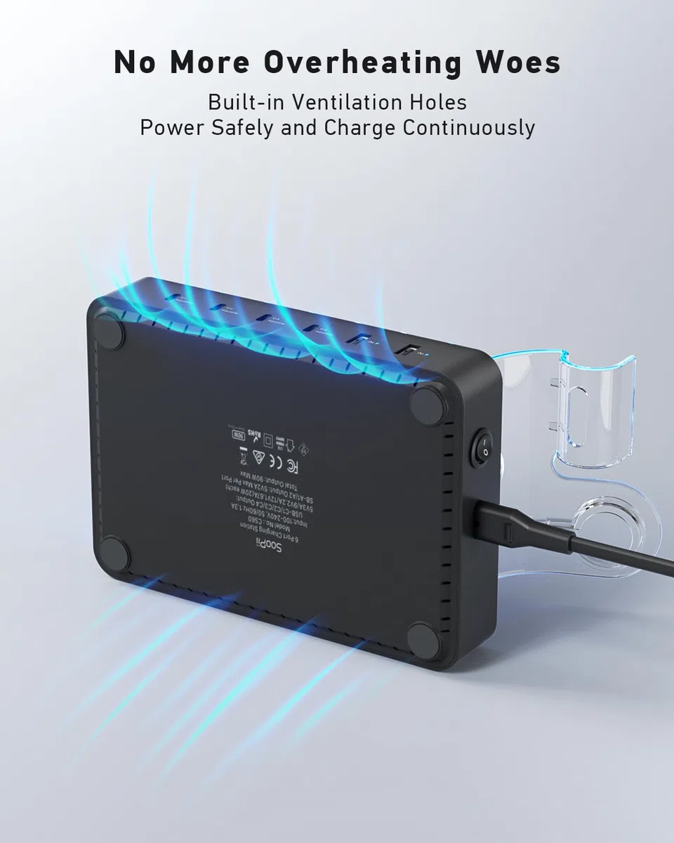 SooPii Stacja ładująca 90 W do wielu urządzeń, 6-portowa Multi USB C stacja ładująca z 6 mieszanymi krótkimi kablami, stacja ładująca PD 20 W do telefonów LPhone, Galaxy, iPad, tabletów i innych