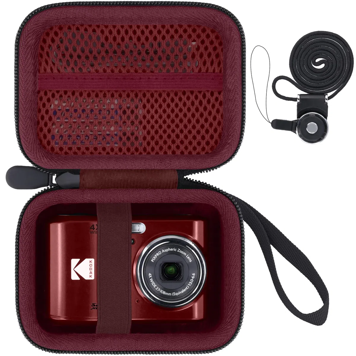 Khanka Do aparatu cyfrowego Kodak PIXPRO FZ55/FZ45/FZ43 16MP Twardy futerał do noszenia z uchwytem i paskiem na szyję, tylko etui, Czerwona