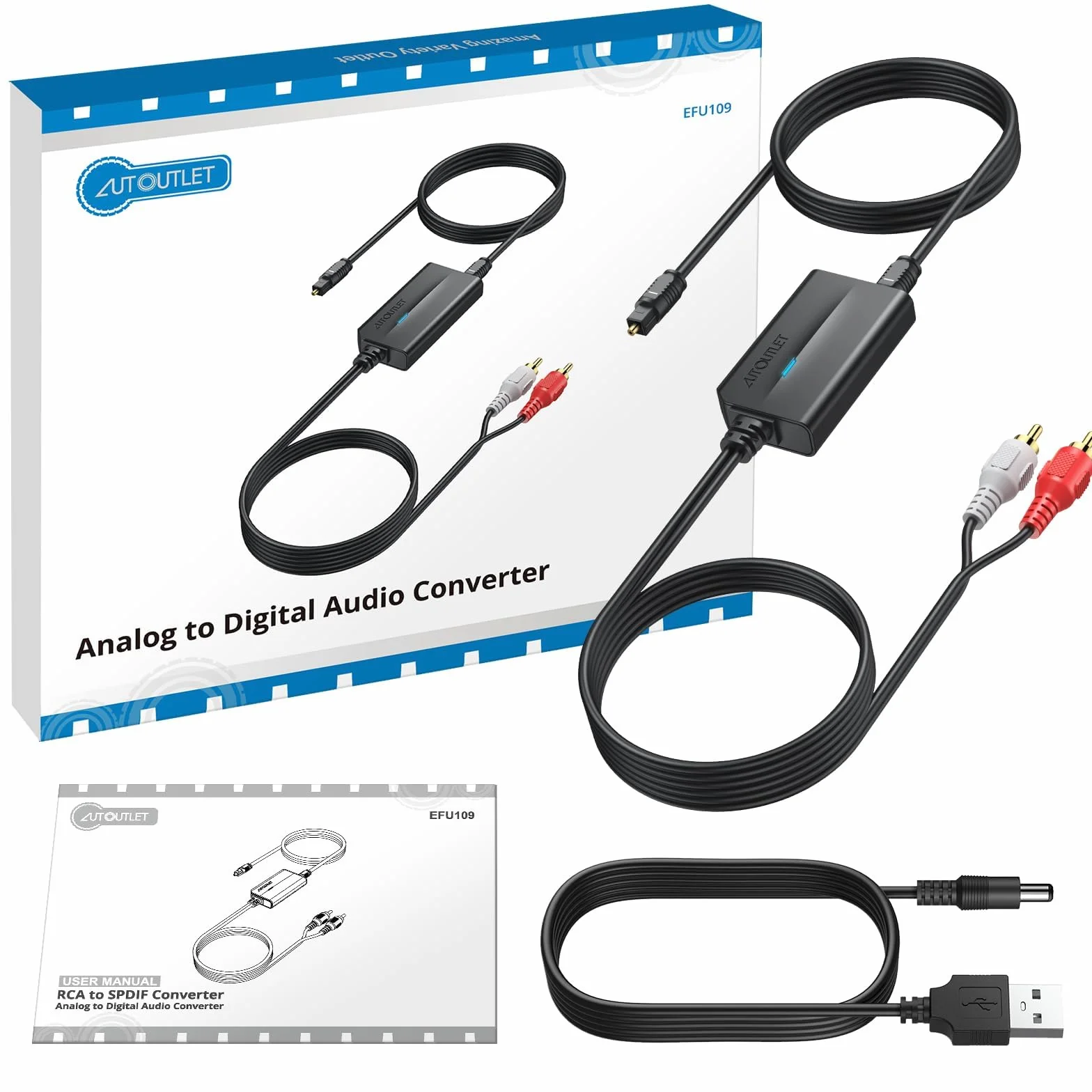 AUTOUTLET Konwerter AD, analogowy do cyfrowego konwertera audio, analogowy, cyfrowy konwerter RCA na SPDIF Toslink, adapter z kablem 1,1 m RCA męski + 1 m kablem optycznym do gramofonu