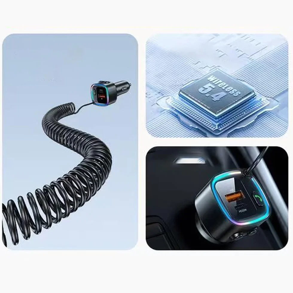Adapter Bluetooth Aux 5.4 USB C do zapalniczki samochodowej z kablem spiralnym jack 3,5 mm, szybka ładowarka PD 30W QC 12W