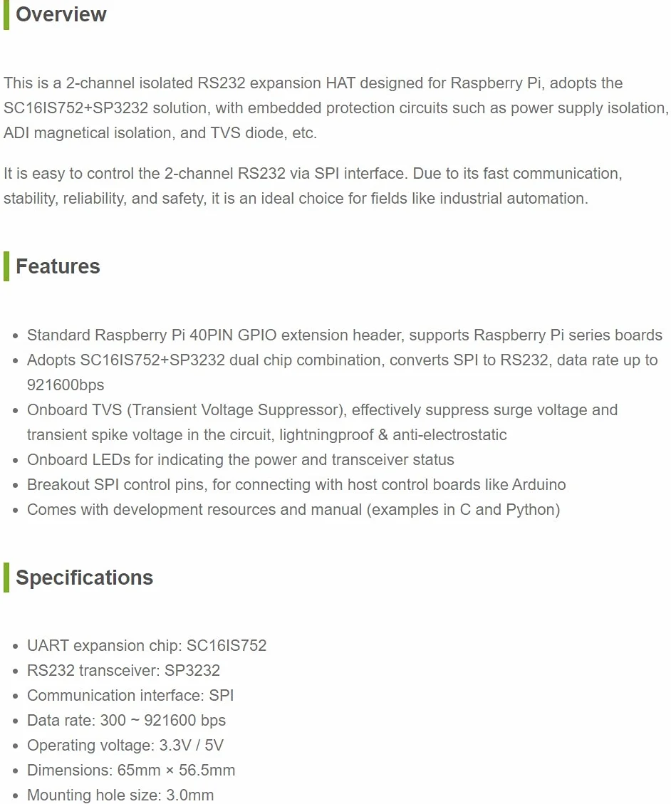 Waveshare 2-Channel Isolated RS232 Expansion HAT for Raspberry Pi SC16IS752 SP3232