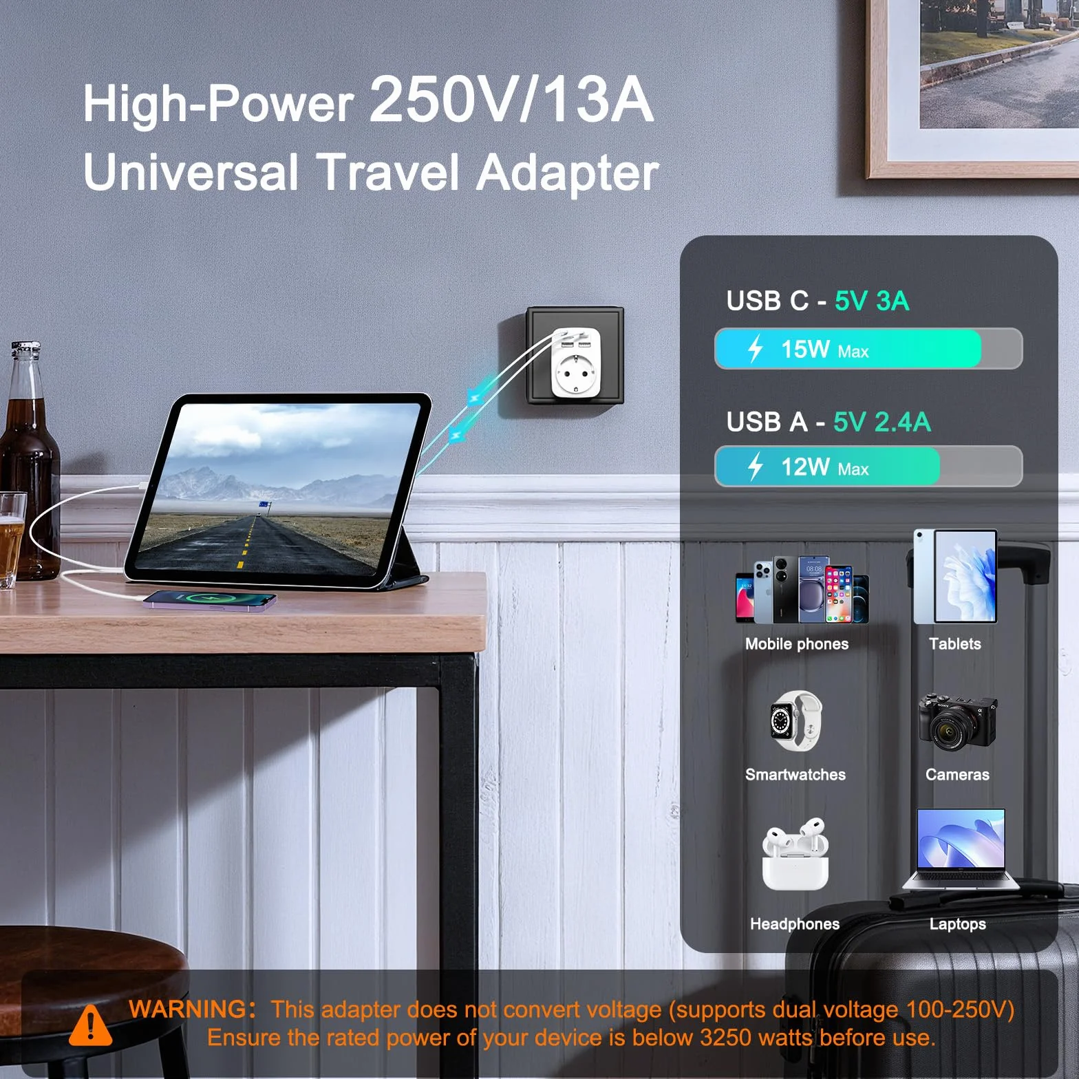 Hoppac Adapter do gniazda w języku angielskim 5 w 1, adapter typu G z 3 USB A i 1 USB C, brytyjski adapter do Irlandii, Hongkongu, Singapuru, Malty, Cypru, Zjednoczonych Emiratów Arabskich, Kataru