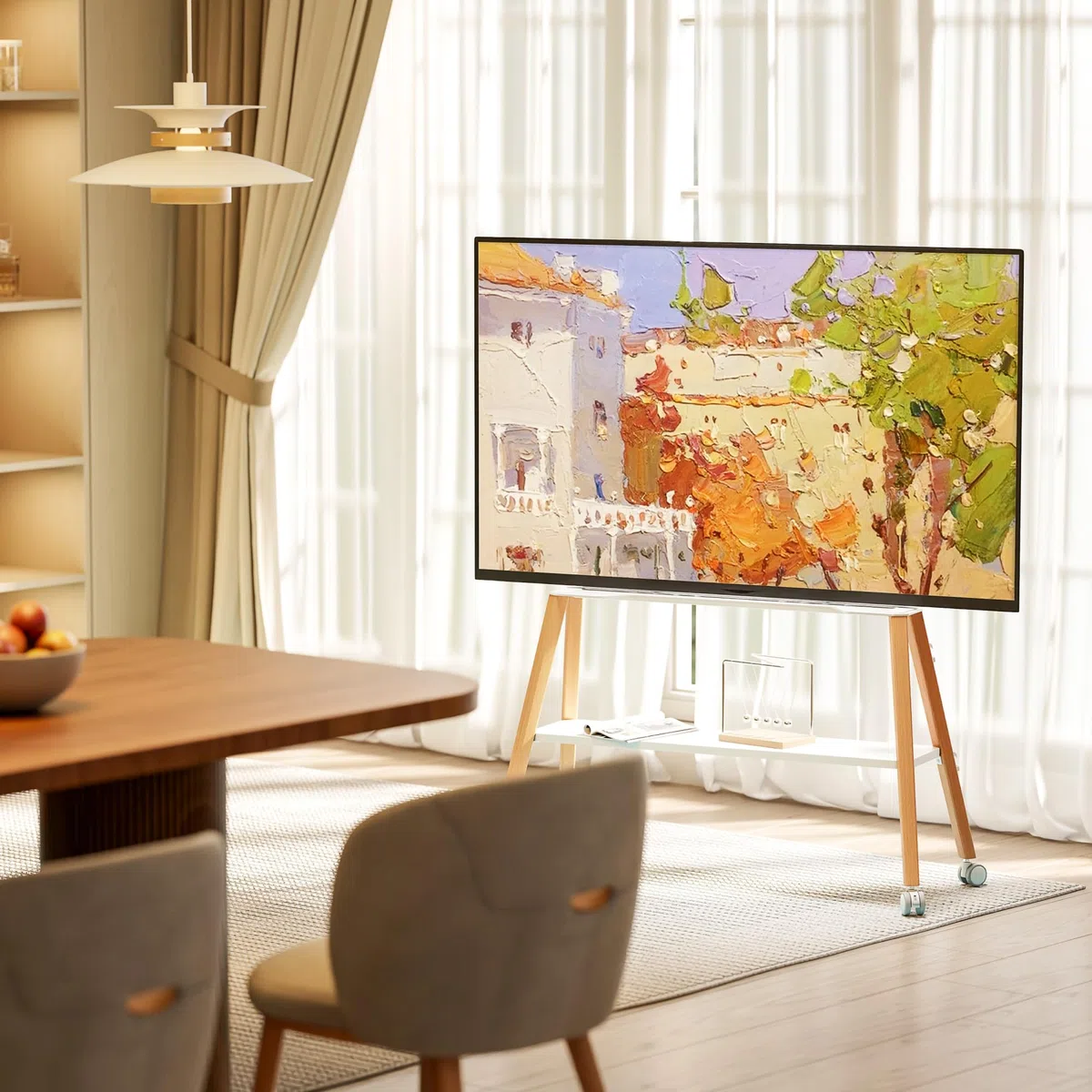 Easel Design z Stojak pod telewizor z kółkami, 49-75" do 40 kg | metalową strukturą i drewnianą półką, ruchomy stojak pod telewizor na kółkach do sklepu, biura, szkoły, domu, biały