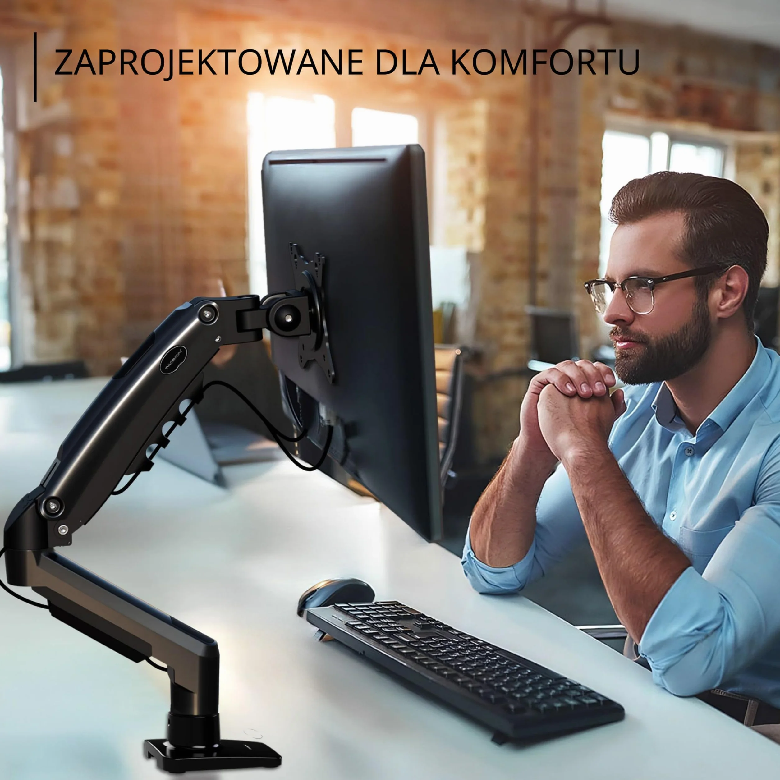 Invision Solidny, obrotowy, uchwyt biurkowy na sprężynie gazowej do monitora LCD, LED od 13 do 32 cali o wadze od 2 kg do 9 kg, Czarny (MX200)