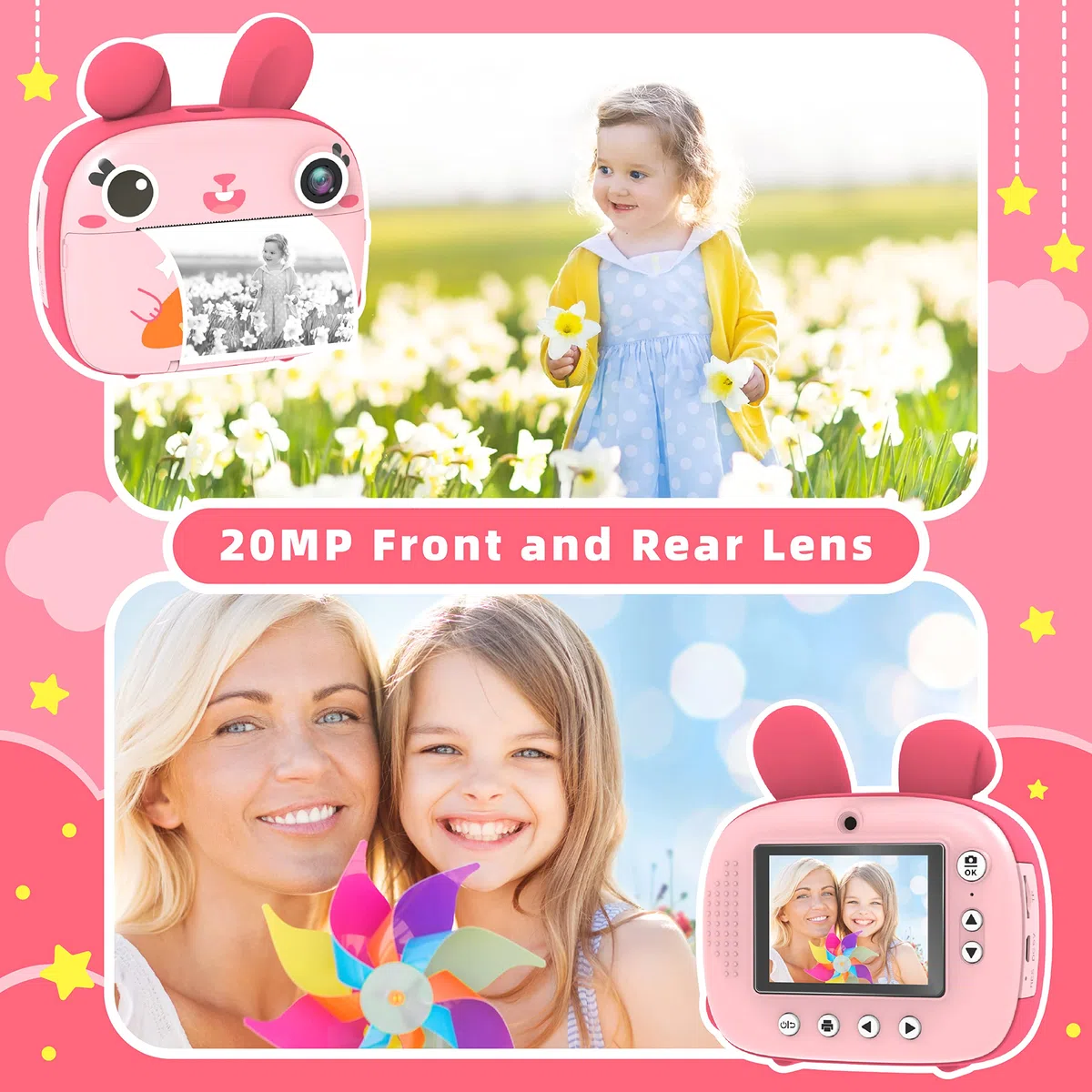 Aparat fotograficzny dla dzieci Aparat natychmiastowy, ekranem 2,4 cala aparat CAMCLID dla dzieci z 3 rolkami papieru termicznego i kartą 32 GB, Prezent dla dziewczynek Chłopców (różowy)
