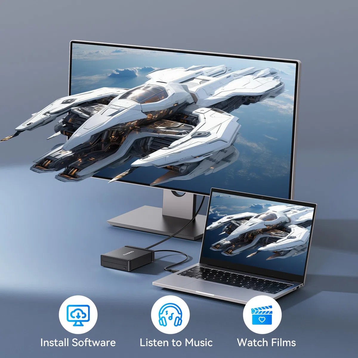cenmate Obudowa napędu optycznego do napędu Blu-Ray/CD/DVD SATA 13.3 cm, aluminiowa obudowa zewnętrzna z kablem USB A/C 3.0, hot swap (bez napędu, nie obsługuje IDE)