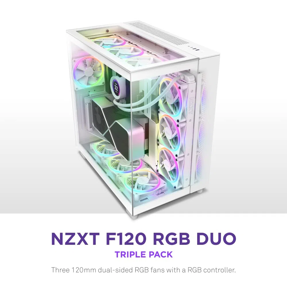 NZXT F120 RGB Duo Triple Pack - 3x Wentylatory RGB 120mm + Hub - Biały | Trzy wentylatory RGB 120mm dwustronne z kontrolerem. Po 20 adresowalnych diod LED, zrównoważona wydajność, RGB przez CAM.
