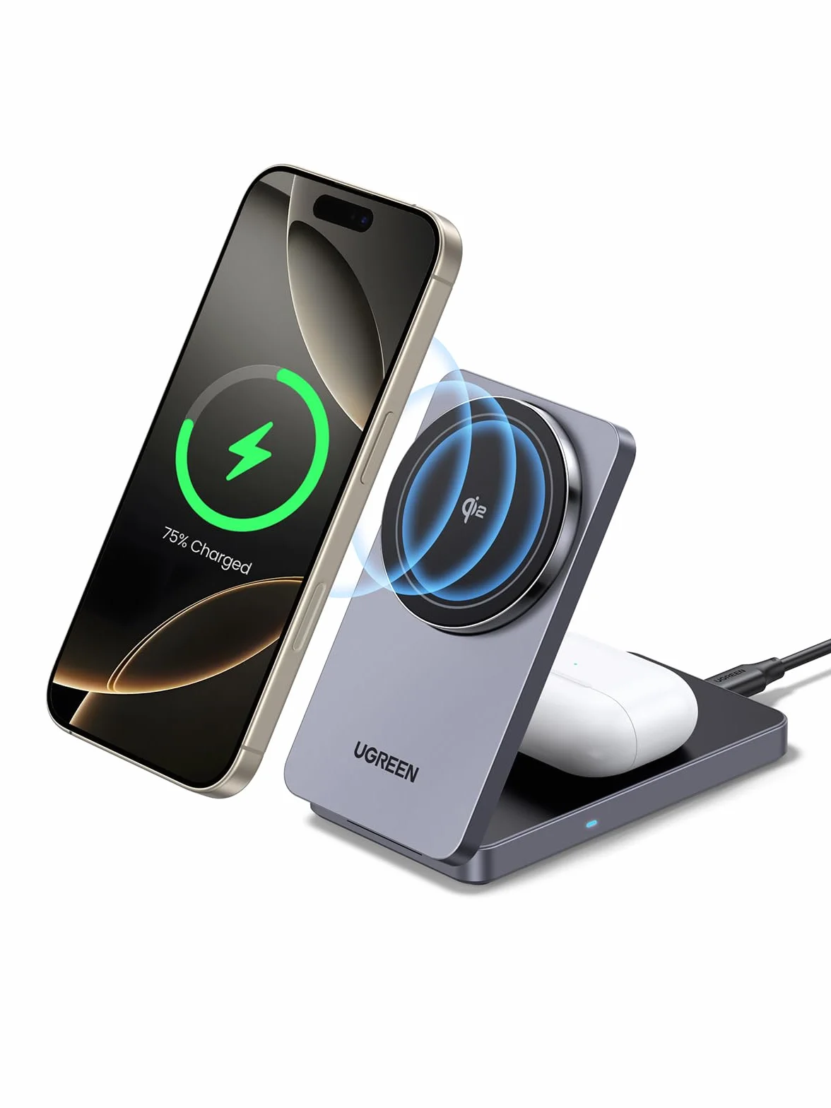 UGREEN MagFlow Qi2 stacja ładująca 15W magnetyczna 2w1 składana bezprzewodowa do iPhone 17/16/15/14/13/12 AirPods