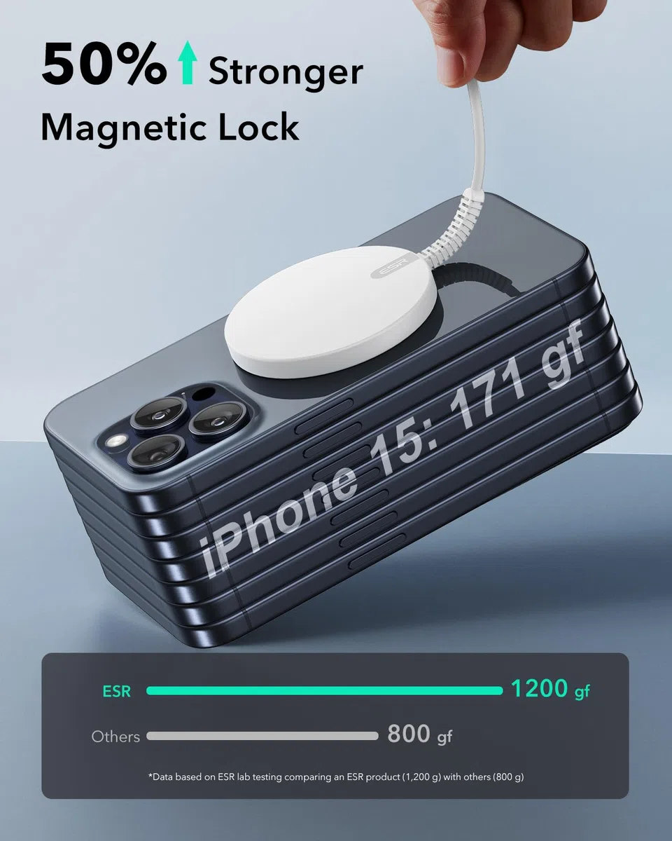 ESR Bezprzewodowa ładowarka do ładowarki MagSafe, ładowarka do telefonu, kompatybilna z iPhone 17/16/15/14/13/12, seria Galaxy S25, AirPods 4/3/AirPods Pro, mocna blokada magnetyczna, srebrna