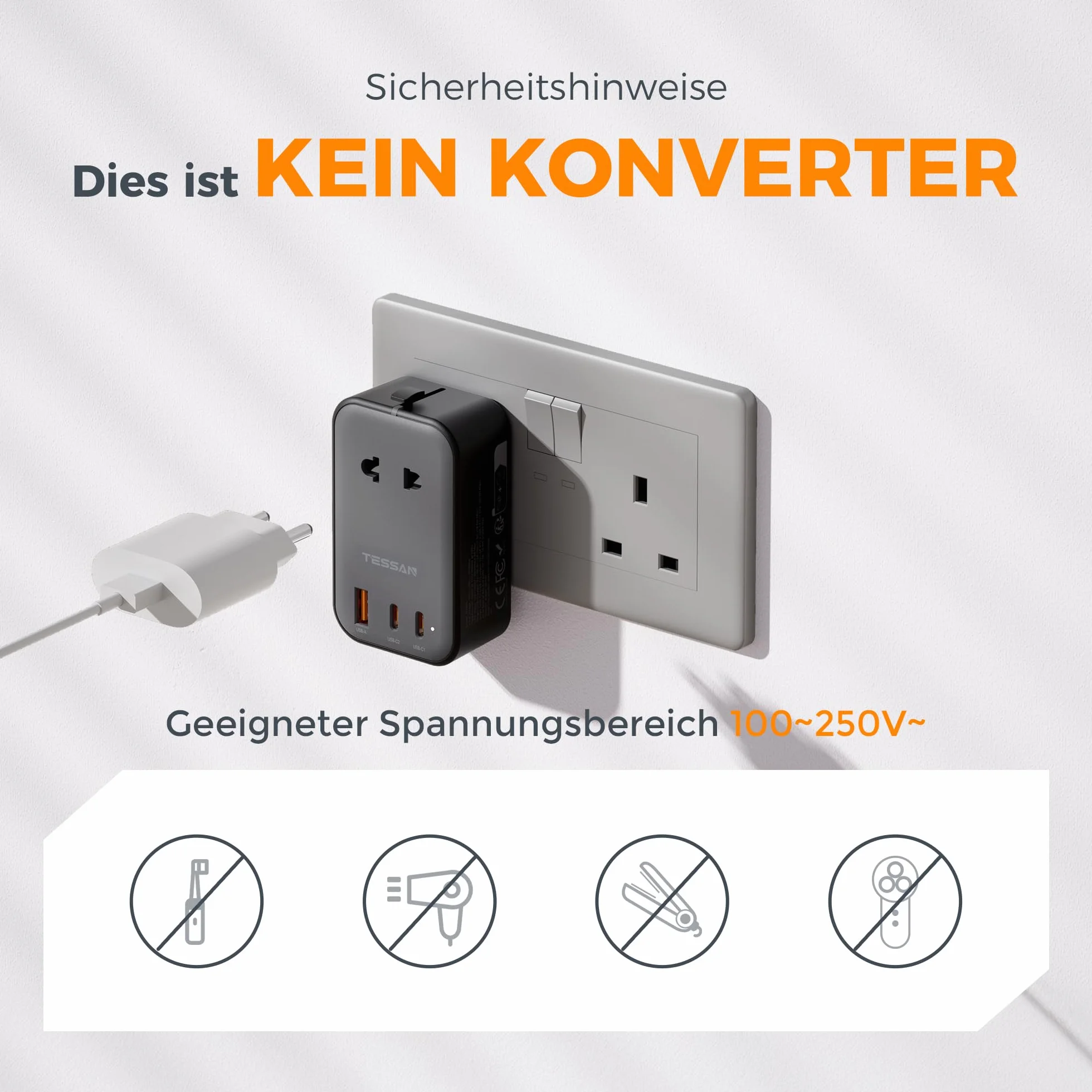 TESSAN Adapter podróżny USB C(20W), travel adapter worldwide z 2 USB C i 1 USB A, adapter USA, przejsciowka EU na UK, wtyczka do USA, Wielka Brytania, Japonia, Tajlandia, Australia, Chiny, Brazylia
