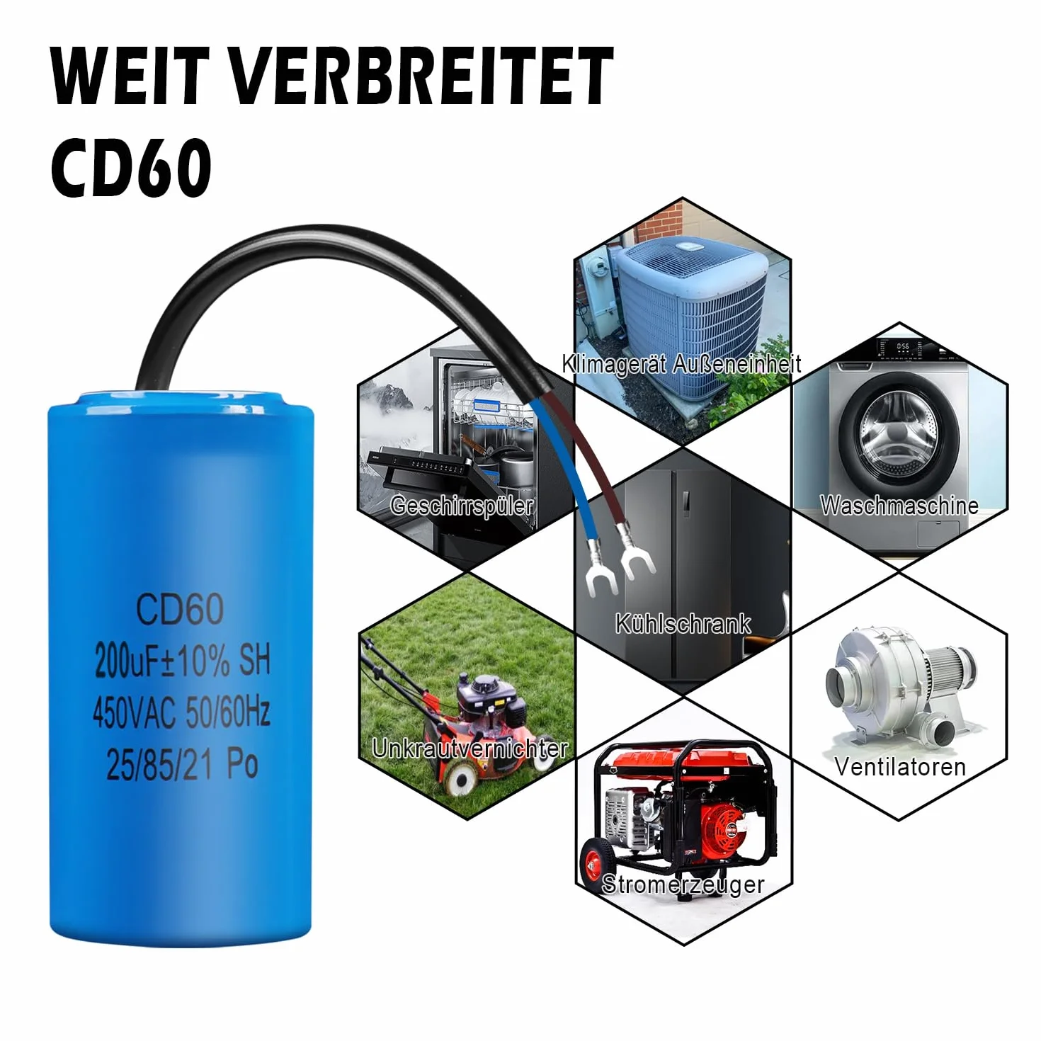 Kondensator CD60 AC 450V 200uF 50/60Hz rozruchowy silnika z przewodem