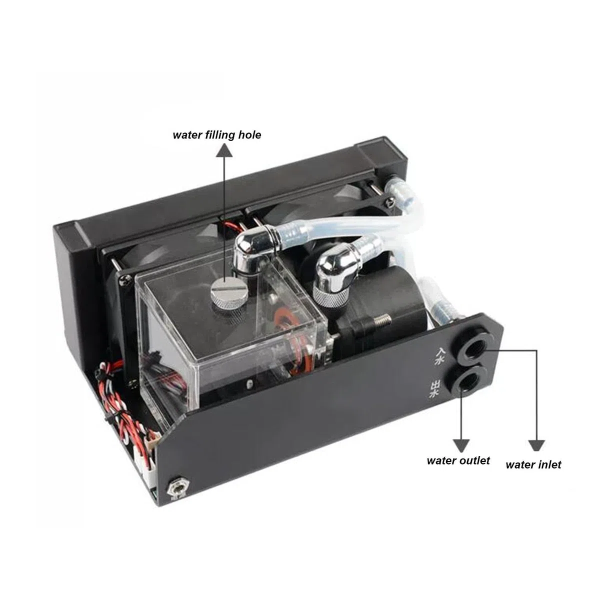 Focket Pompa Chłodząca wodą, 12 V 10 W 600 L H Podwójne Wentylatory Chłodzące z Przepływem Wody 4000 Obr./min Aluminiowy Zbiornik ze Zbiornikiem 300 Ml do Układu Chłodzenia cieczą Procesora PC