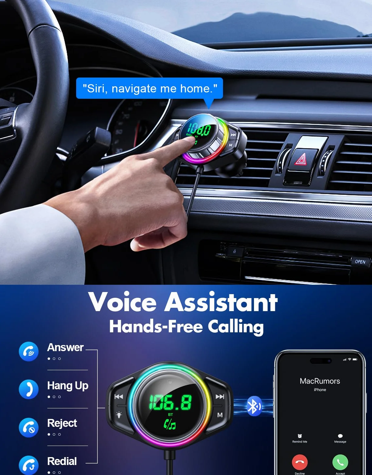 ISEYou Bluetooth Adapter do Samochodu FM 5.3 48W Podwójne USB Dźwięk HiFi Tryb Basowy Bezprzewodowe Połączenia RGB