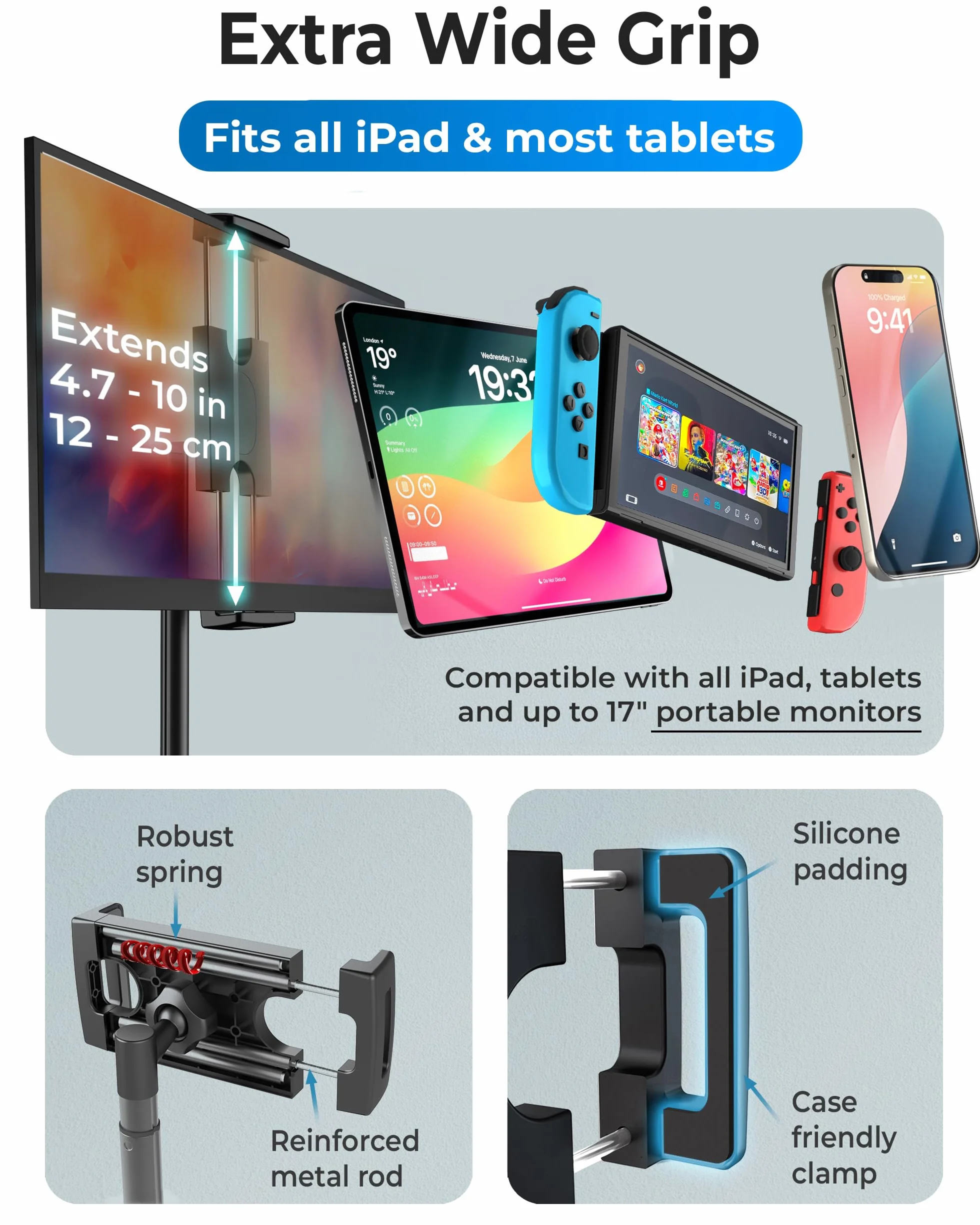 COOPER TabStand Stojak na biurko o wysokości 20", uchwyt na monitory do laptopów do 17" (2 kg), uchwyt na tablet biurkowy, mocowanie tabletu, kompatybilny z iPadem Samsung Kindle Fire Android (biały)