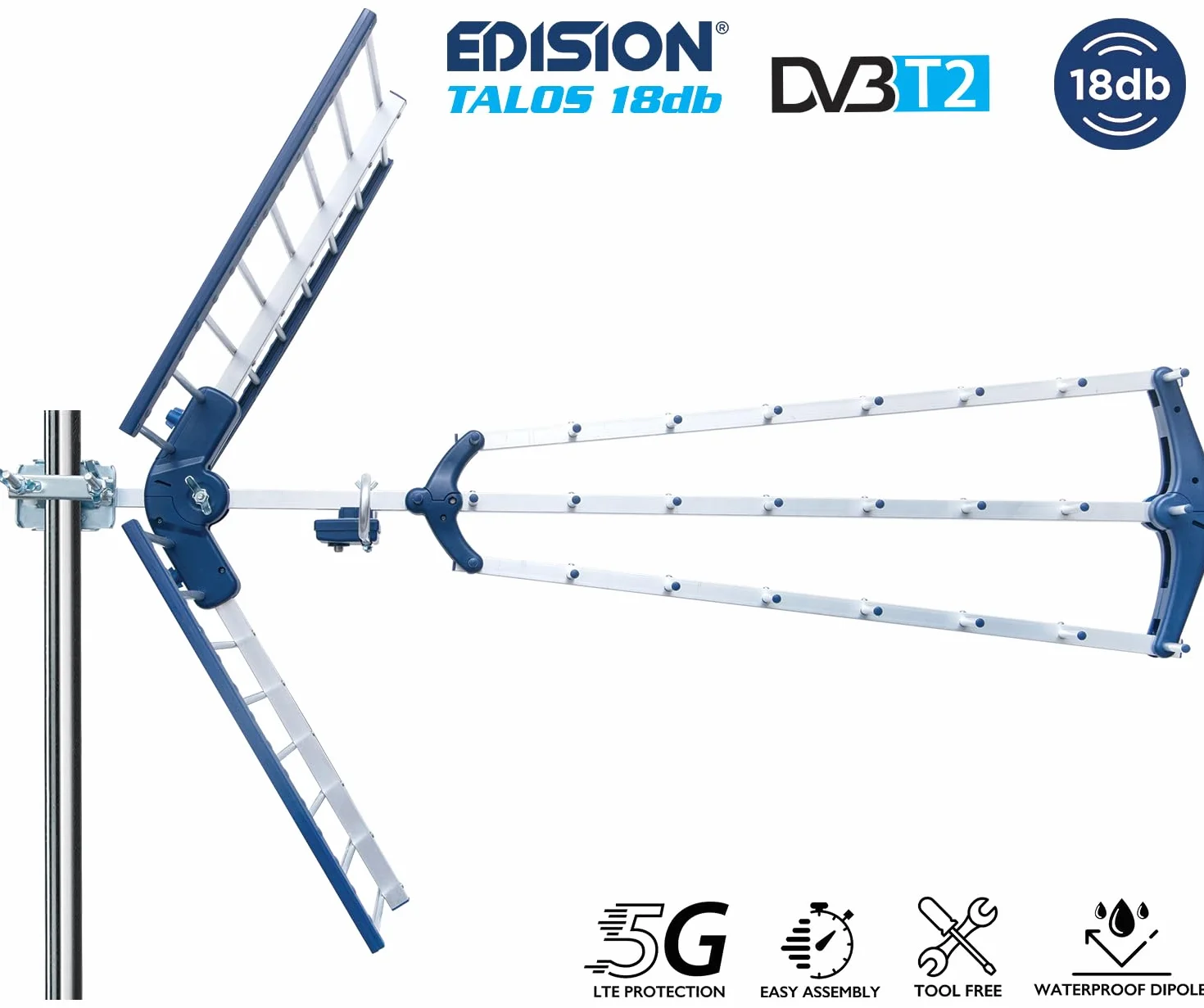 EDISION TALOS 18db Potrójna cyfrowa antena naziemna UHF 21-48, z odcięciem 5G LTE, idealna do odbioru kanałów cyfrowej telewizji naziemnej DVB-T/T2, długość 47cm, niebieska i aluminiowa