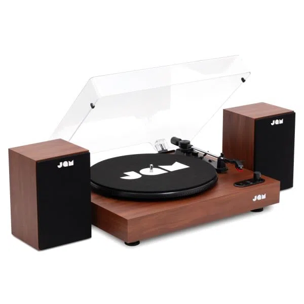 JAM Gramofon z głośnikami – gramofon Bluetooth z głośnikami regałowymi, 3-Speed odtwarzacz winylowy z ochroną przed kurzem, wstępnie ustawionym ramieniem dźwiękowym, w zestawie środek czyszczący do